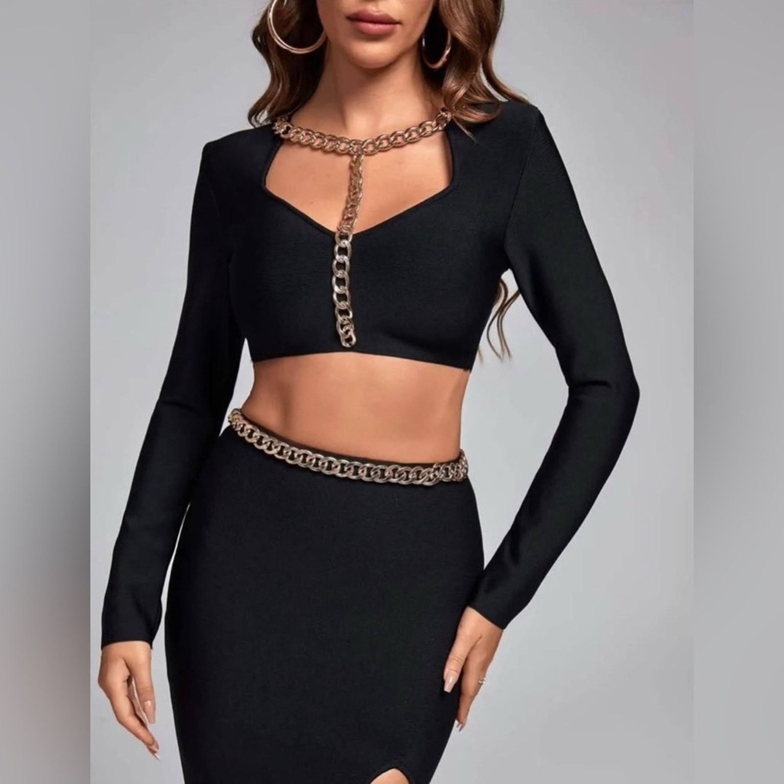 Other New Y21K Stylish Black Chain Accent Crop Top amd skirt Set Size M / US 6-8 / IT 42-44 - 4 Thumbnail