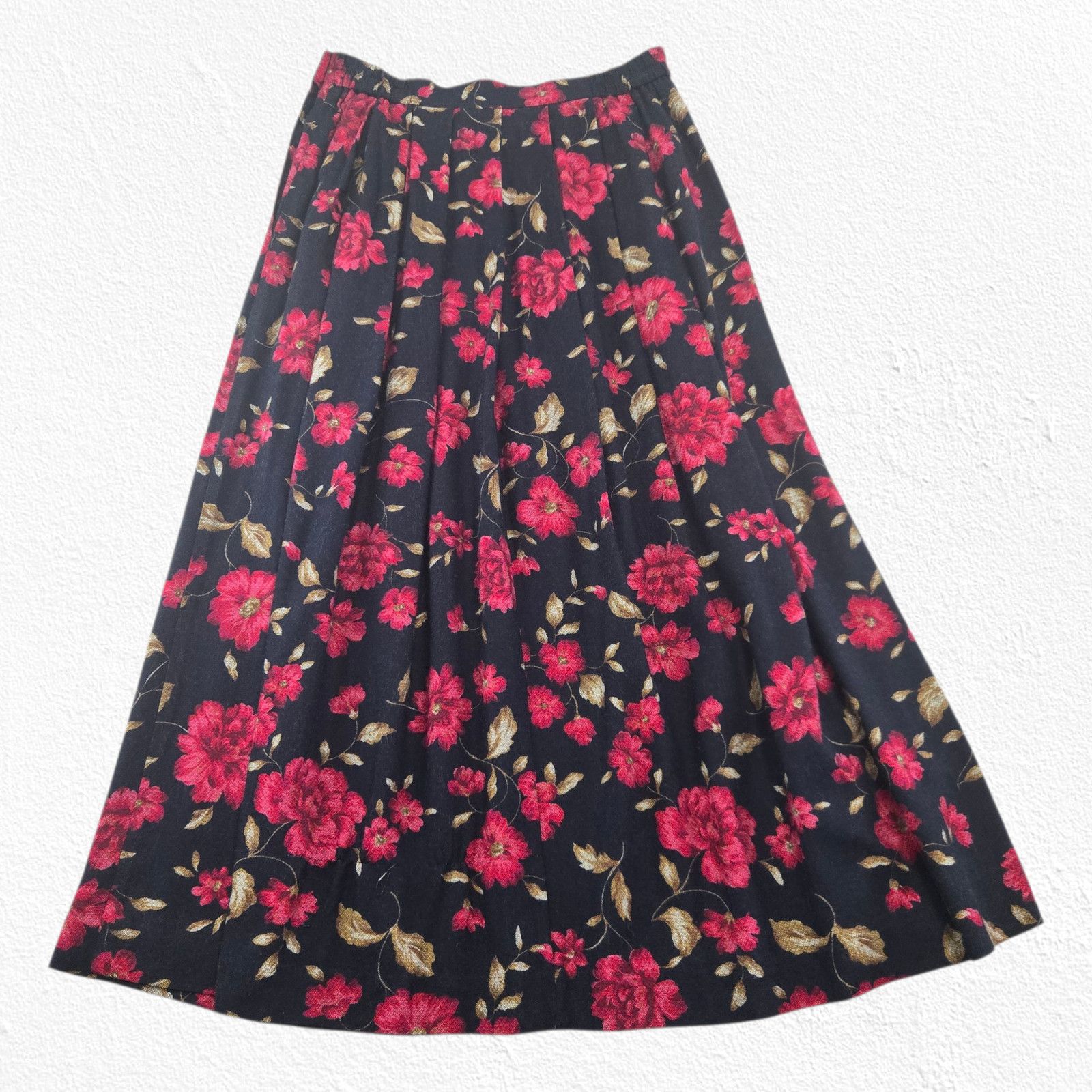 Worthington Vintage Black Red Floral Rayon Midi Skirt Size 10P USA Made Size 32" / US 10 / IT 46 - 9 Thumbnail