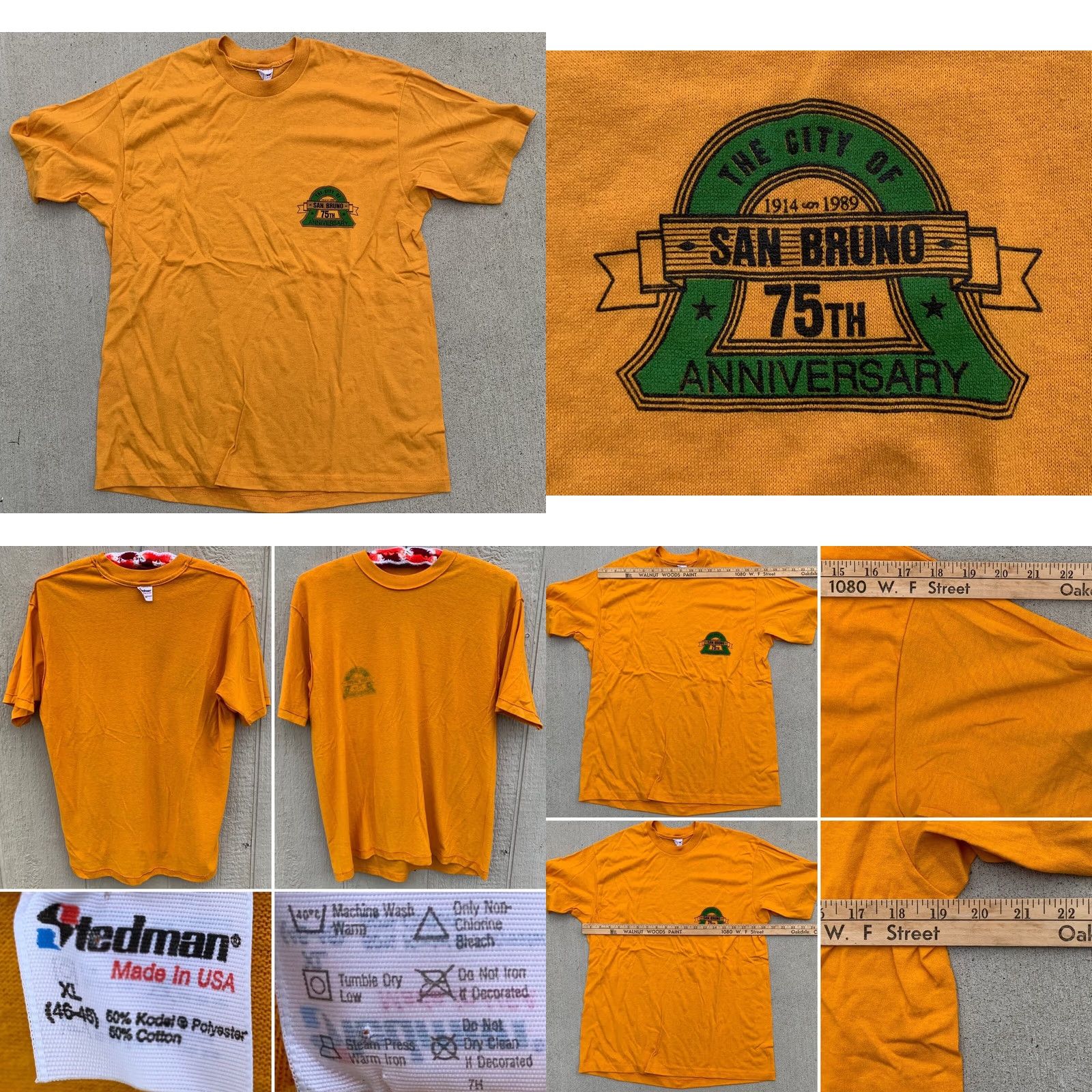 Vintage VINTAGE The City of San Bruno 75th Anniversary 1914 1989 t-shirt XL Yellow Mens Graphic Tee 1980s USA Stedman Size US XL / EU 56 / 4 - 8 Thumbnail