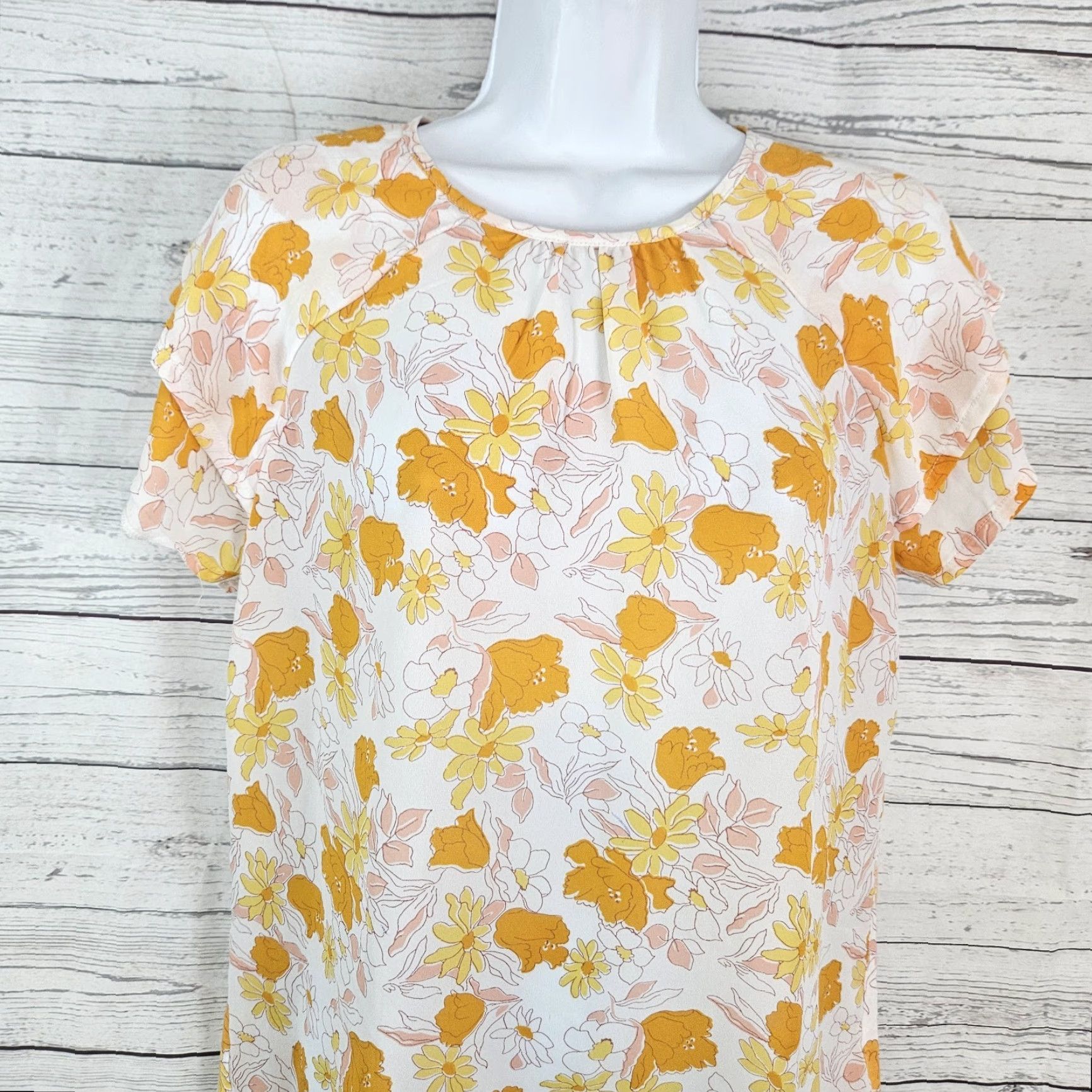 Loft Ann Taylor LOFT Womens Top Small Petite Orange Pink Floral Short Sleeve Size L / US 10 / IT 46 - 2 Thumbnail