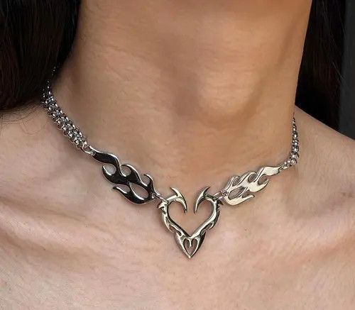 Jewelry Silver Flame Heart Choker Necklace, Edgy Chain Jewelry Size ONE SIZE - 6 Thumbnail
