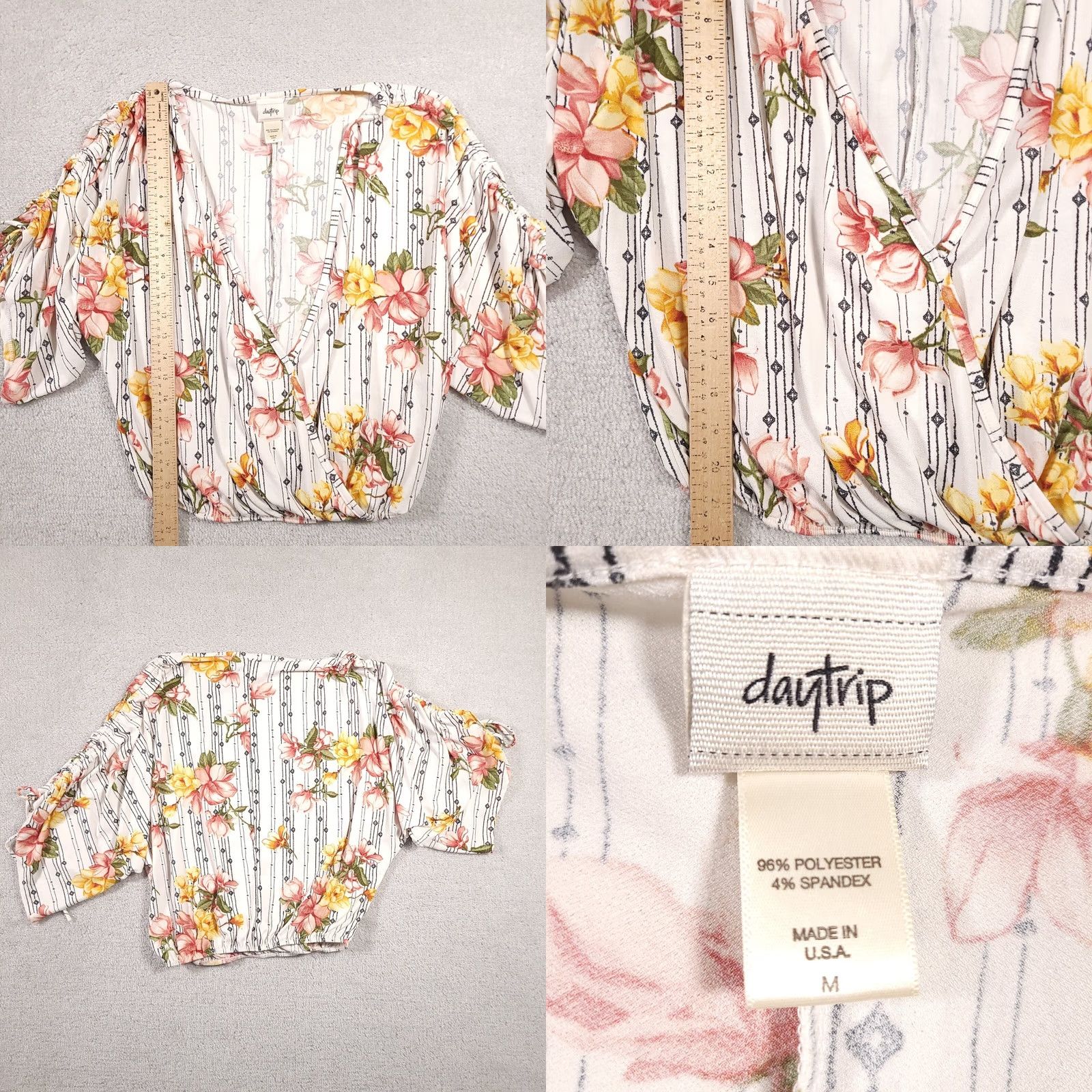 Vintage Daytrip Shirt Women's M Floral Surplice V-Neck Wide Half Sleeve Crop USA Shirt Women Size M / US 6-8 / IT 42-44 - 8 Thumbnail