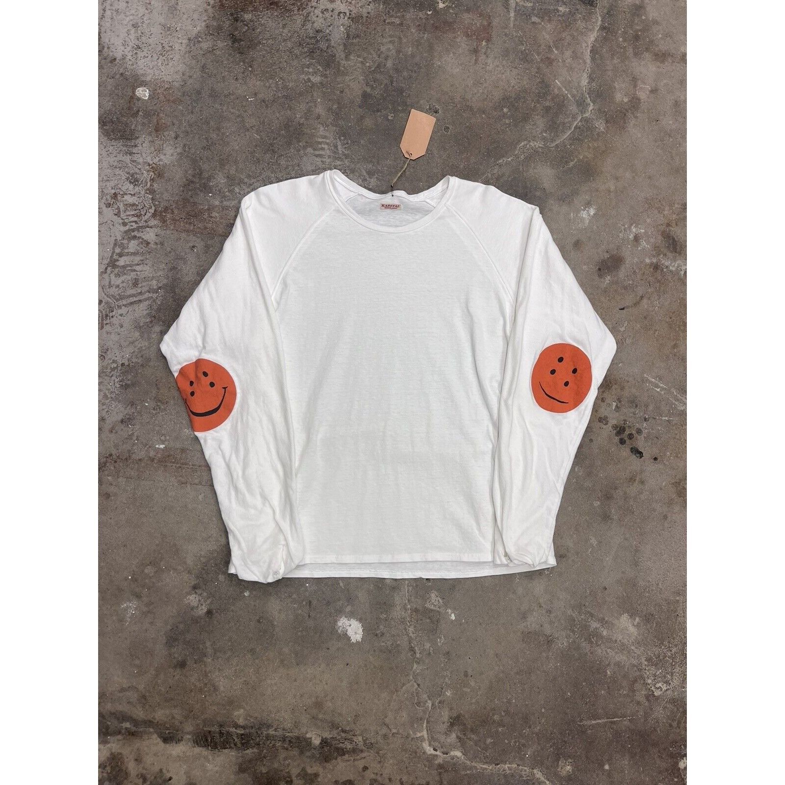 Image of Kapital Made In Japan Orange Smiley Face Long Sleeve Shirt S in White, Men's (Size 2XL)