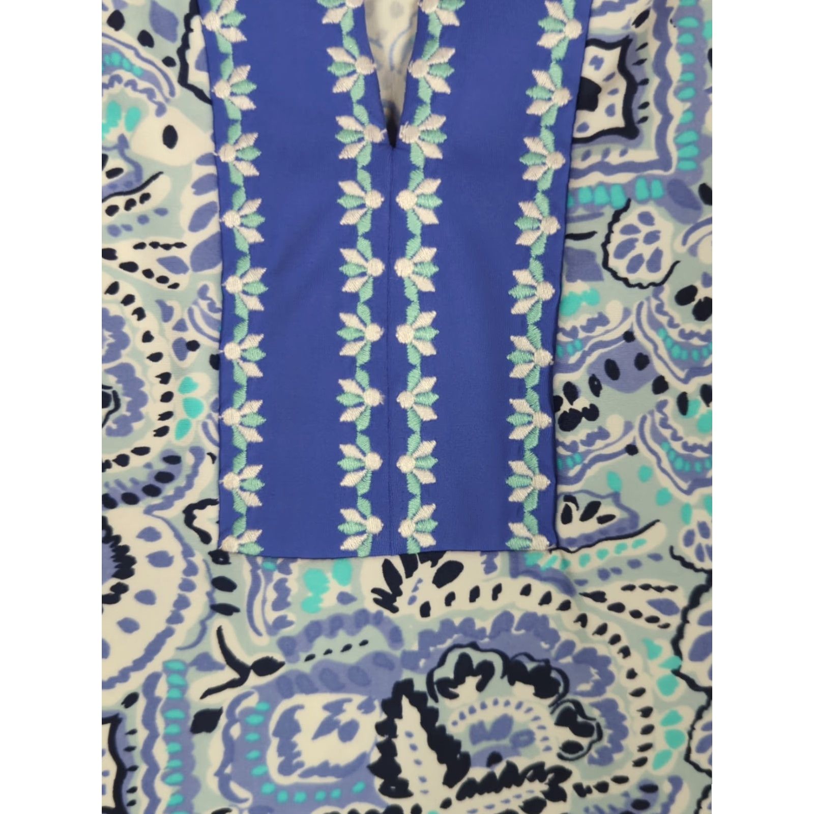 Vintage Cabana Life x Talbots Dress Womens L UPF50+ Blue Floral Knit Sleeveless V-Neck Knee Length Embroidered Summer Resort Cruise Beachy Size L / US 10 / IT 46 - 2 Thumbnail