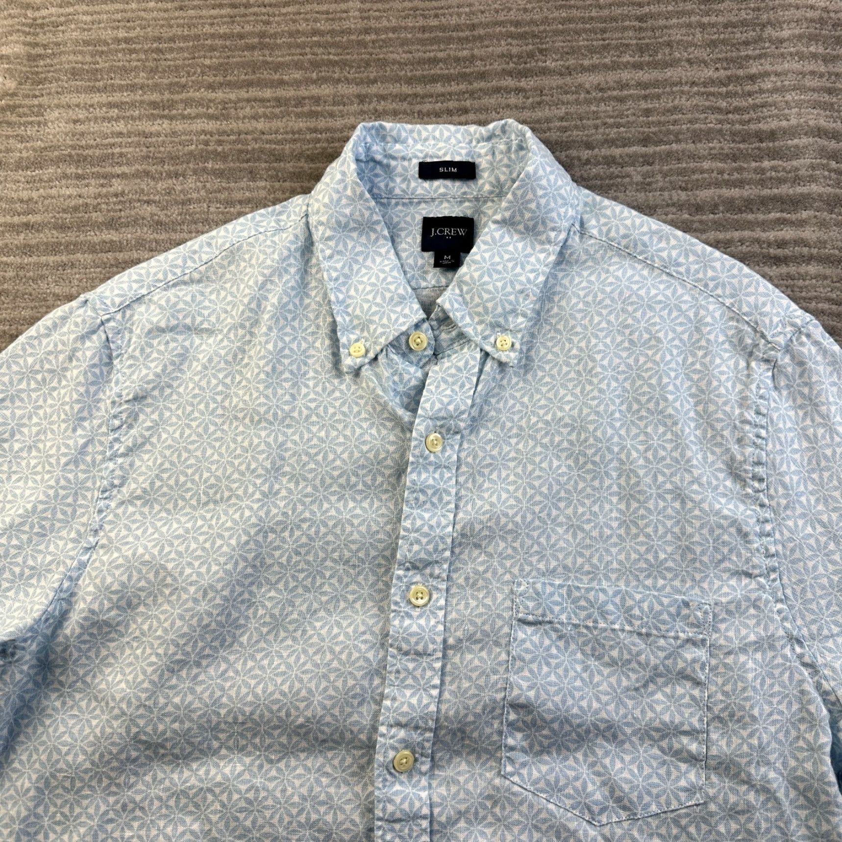 J.Crew J.CREW Shirt Mens M Blue Linen Blend Button Up Polo Casual Activewear Short Sleeve Geometric Pattern Size US M / EU 48-50 / 2 - 3 Thumbnail