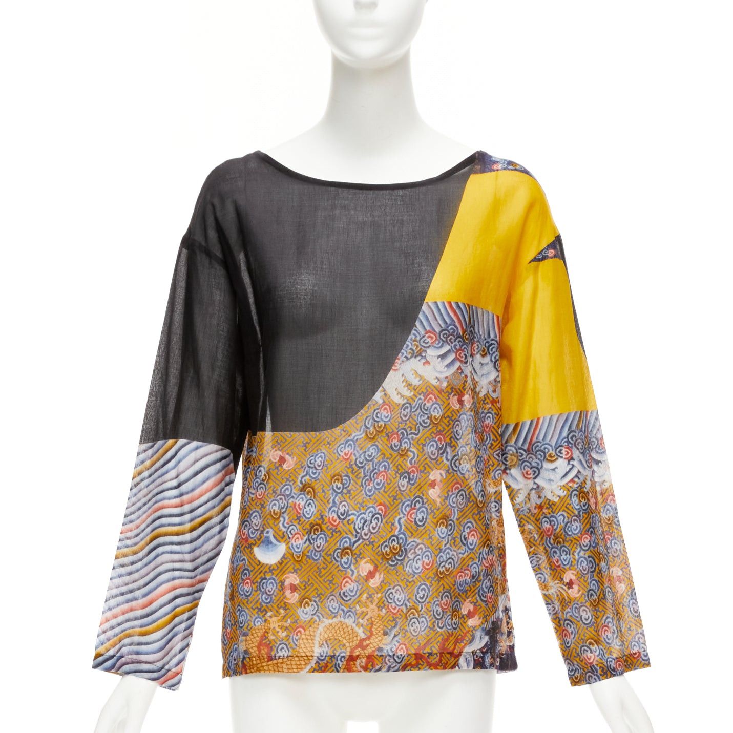 image of Dries Van Noten Yellow Black Cotton Oriental Print Boxy Long Sleeve Top Fr38 M, Women's (Size Mediu