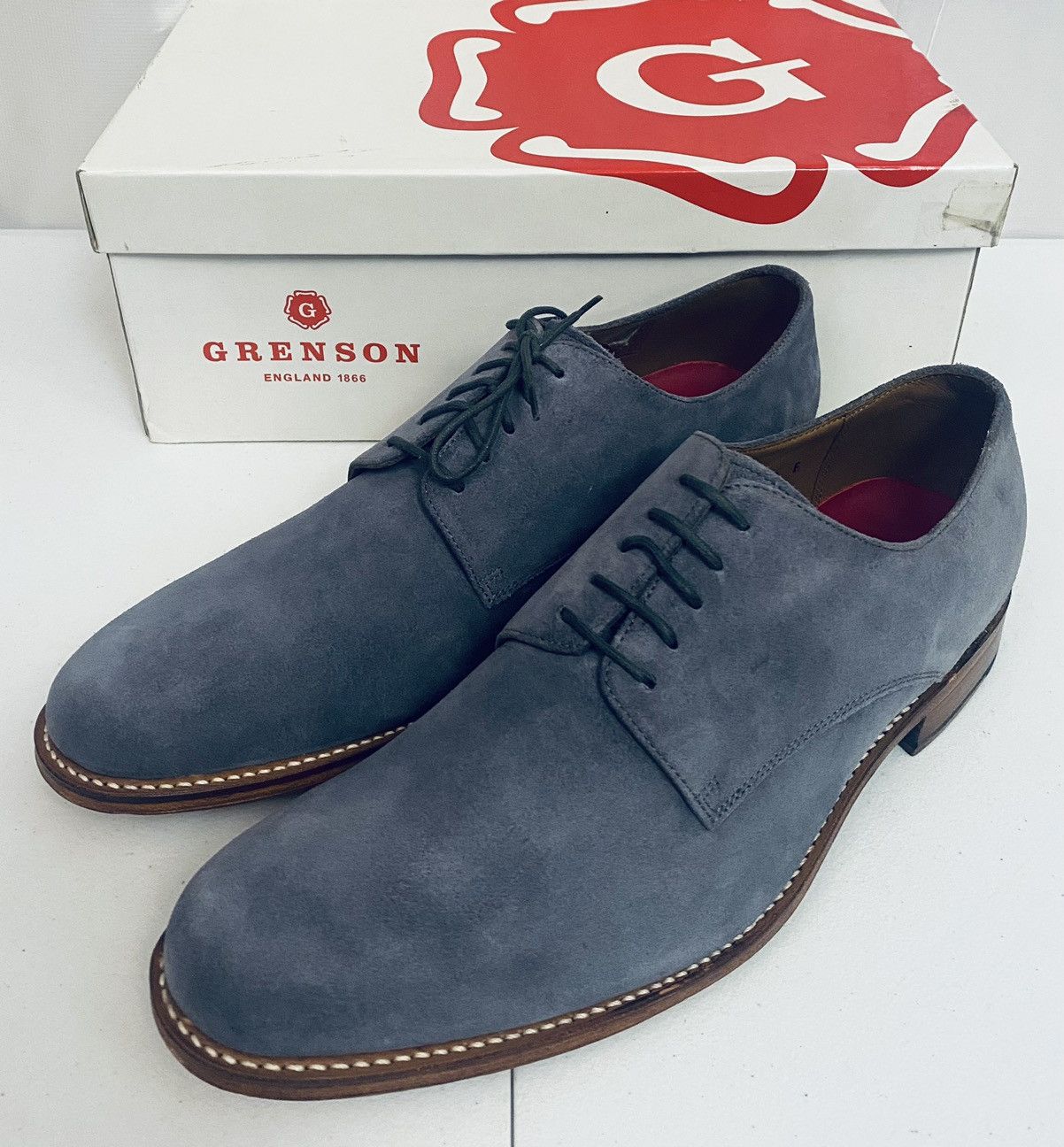 Grenson Grenson 🏴󠁧󠁢󠁥󠁮󠁧󠁿 Blue Suede Leather Burnished Finnegan Derby 10 NIB Size US 10 / EU 43 - 1 Thumbnail