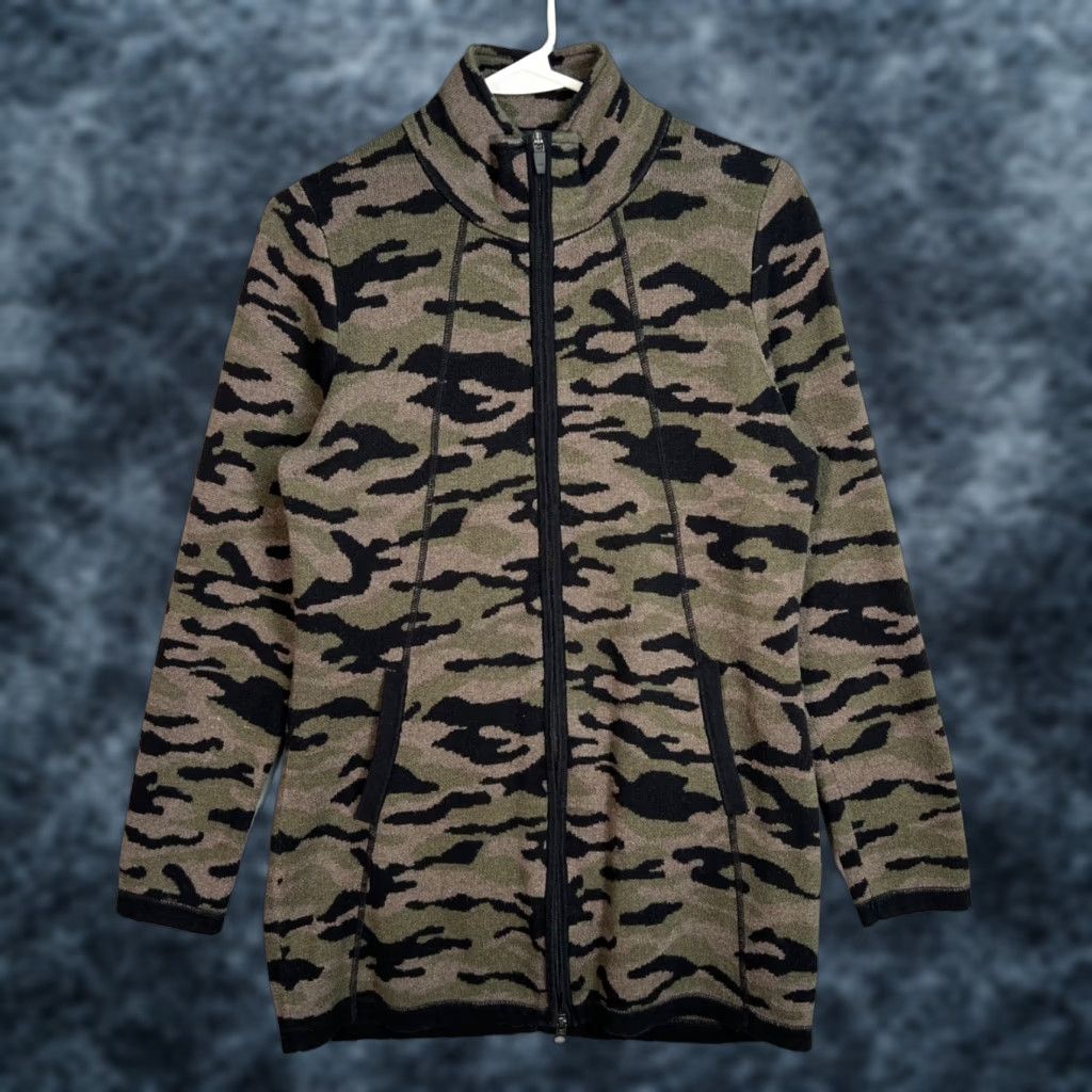 Cynthia Rowley VINTAGE Cynthia Rowley Camouflage Zip-Up Jacket Women Medium Green Cotton Knit Casual Fall Winter Size M / US 6-8 / IT 42-44 - 1 Thumbnail