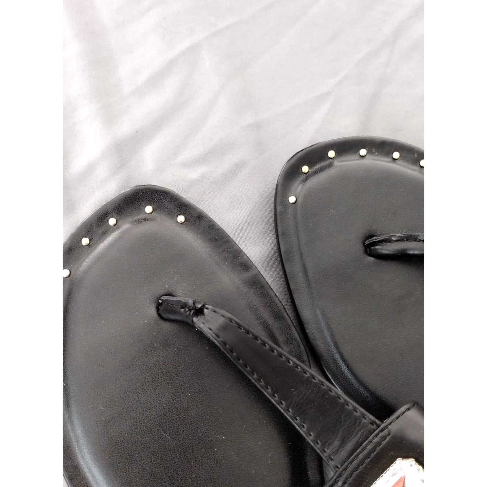Vintage Madden NYC Sandals Women 6 US Black Faux Leather Jeweled Thong Sandals Rhinestone Adjustable Strap Size US 6 / IT 36 - 7 Thumbnail