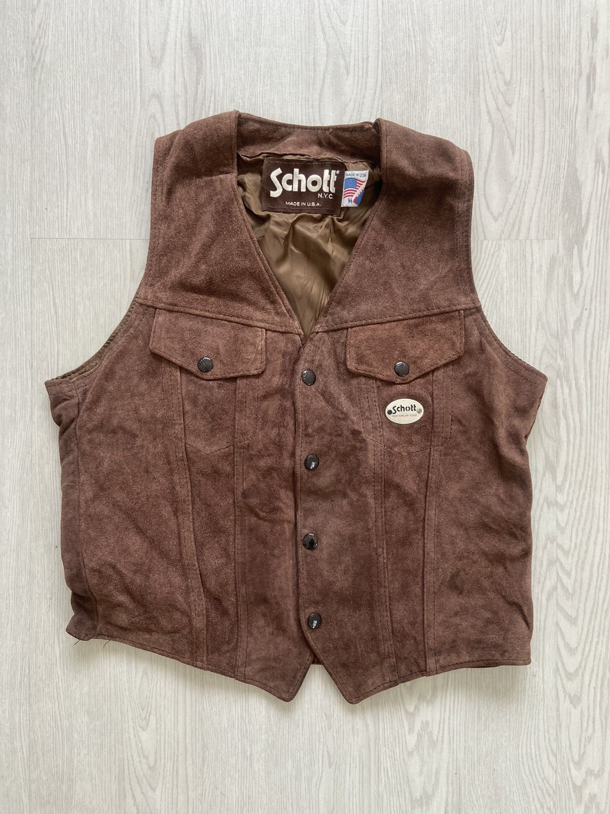 Schott Vintage 1980’s Schott NYC Suede Leather Iron Patches Vest Size US M / EU 48-50 / 2 - 1 Thumbnail