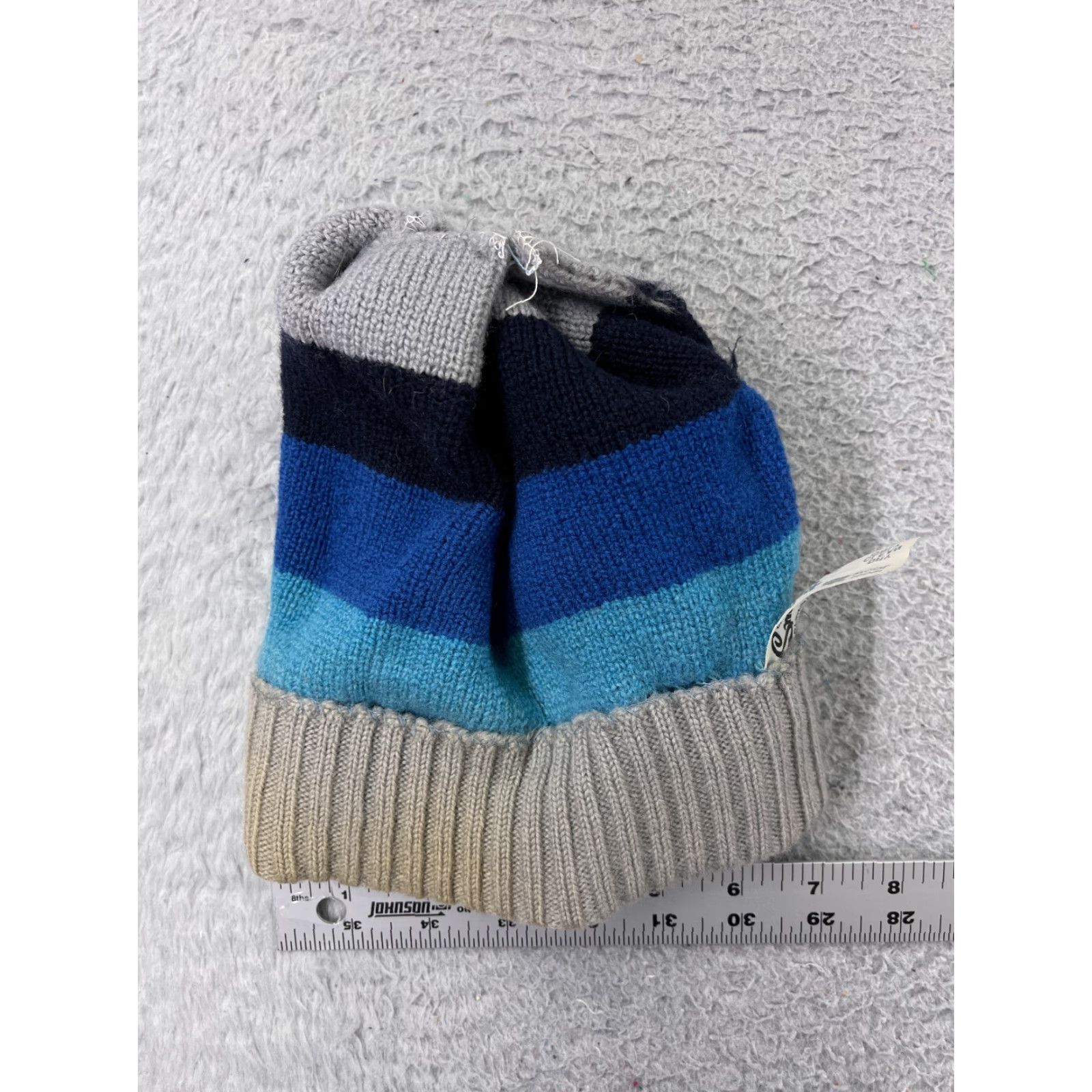 Vintage Smiley Beanie Adult One Size Blue Gray Black Wool Knit Striped Logo Ski Hats Unisex Adults Beanie Mens Womens Size ONE SIZE - 6 Thumbnail