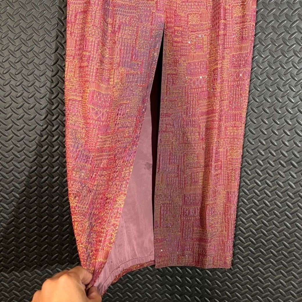 Vintage Carmen Marc Valvo Pink Beaded Maxi Skirt Geometric Embroidered Silk Blend Sz 10 Tall Streetwear? Size 32" / US 10 / IT 46 - 6 Thumbnail