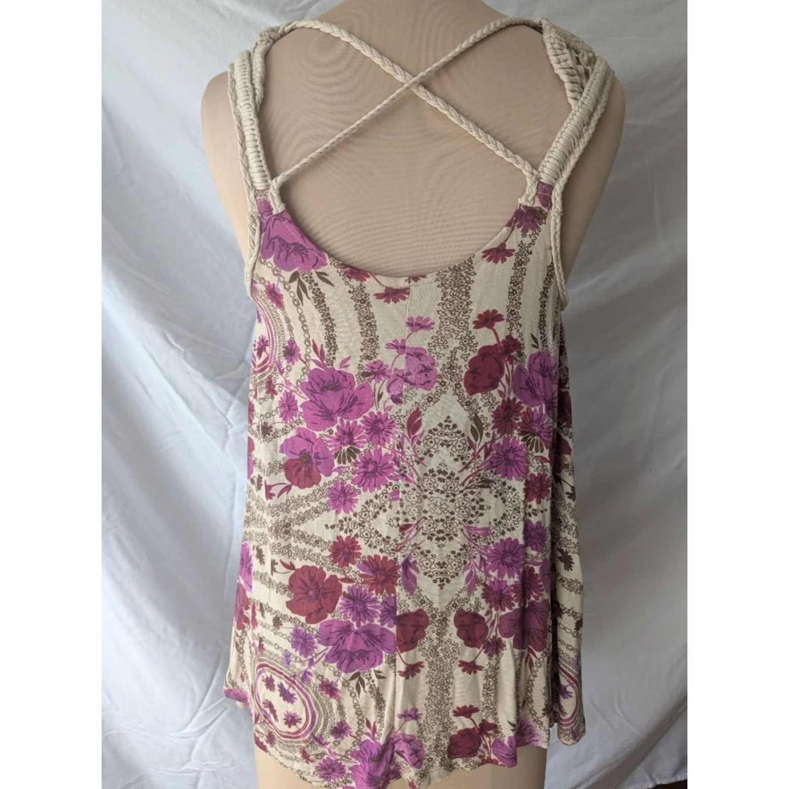 Free People Free People Womens Tank Top Paisley Braided Rope Strap Sleeveless XS Purple Cream Multicolor Bohemian 70s Festival Summer Hippie Romance Womens Size XS / US 0-2 / IT 36-38 - 2 Thumbnail