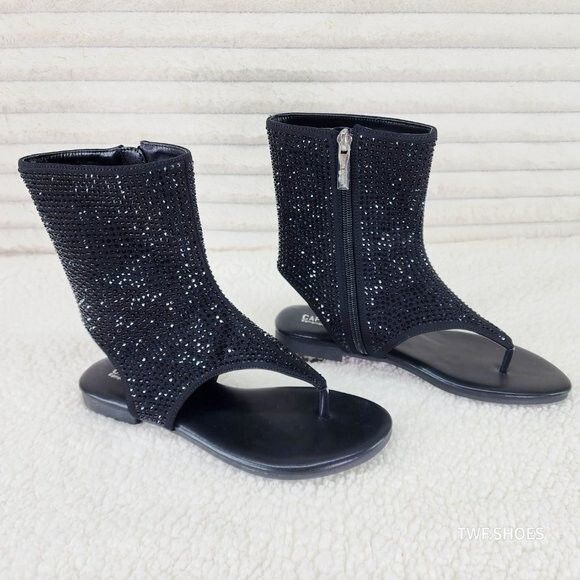 Other Just Doit Rhinestones Flat Bootie Thong Sandals Black (US Sh Size US 8.5 / IT 38.5 - 7 Thumbnail