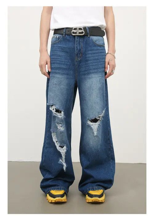 VIBE Retro washed men's loose straight-leg ripped jeans Size US 32 / EU 48 - 8 Thumbnail