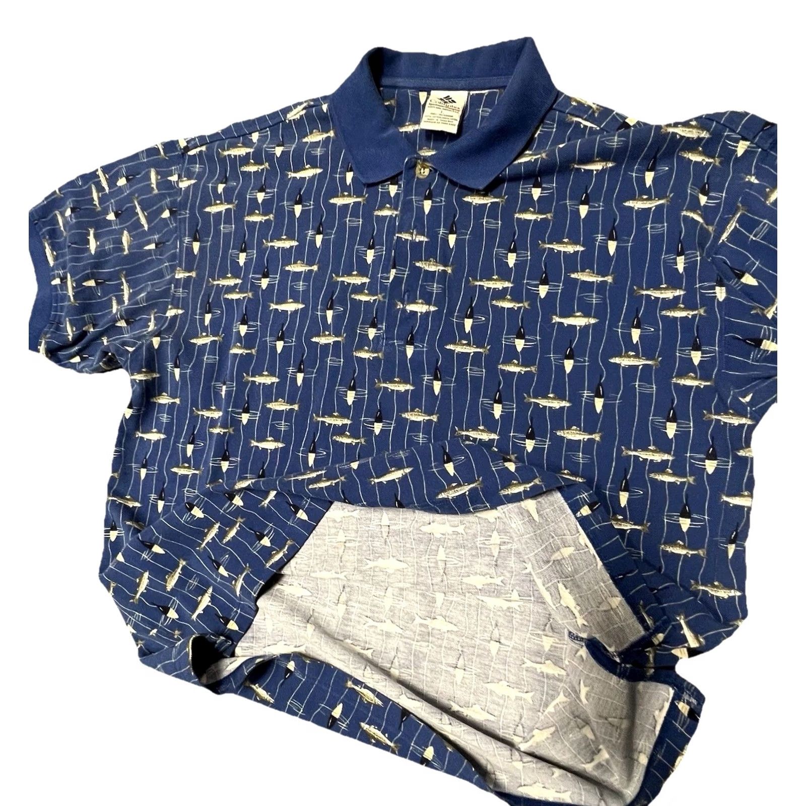 Vintage Columbia Polo Shirt Men’s Large Blue Fish Print Golf Outdoor Casual Shirt Short Sleeve Knit Cotton 100% Classic Fit Button Closure Size US L / EU 52-54 / 3 - 6 Thumbnail