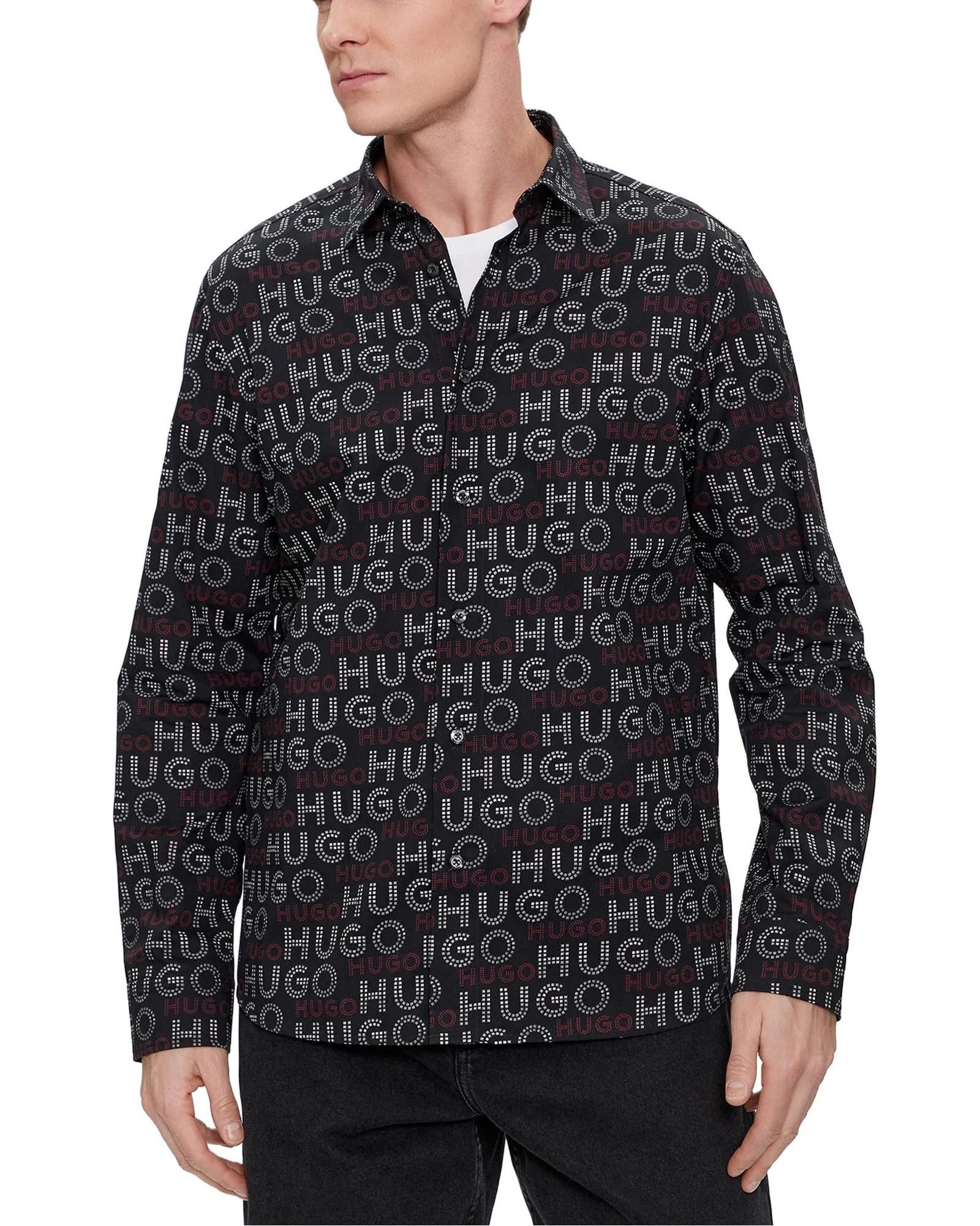 image of Hugo Printed Long Sleeve Cotton Shirt in Black, Men's (Size XS)