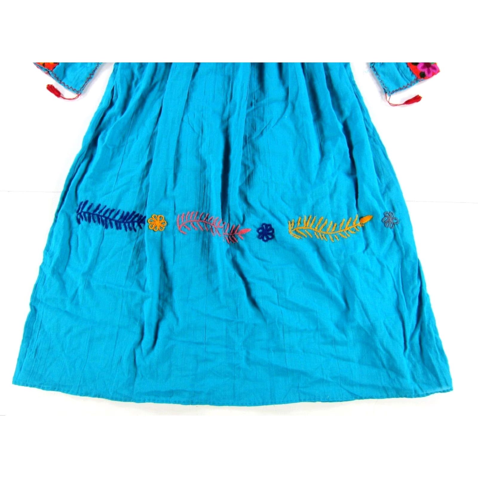 Altea VINTAGE Handmade 100% Cotton Teal Blue Embroidered Floral Ethnic Smock Dress S-M Size S / US 4 / IT 40 - 7 Thumbnail