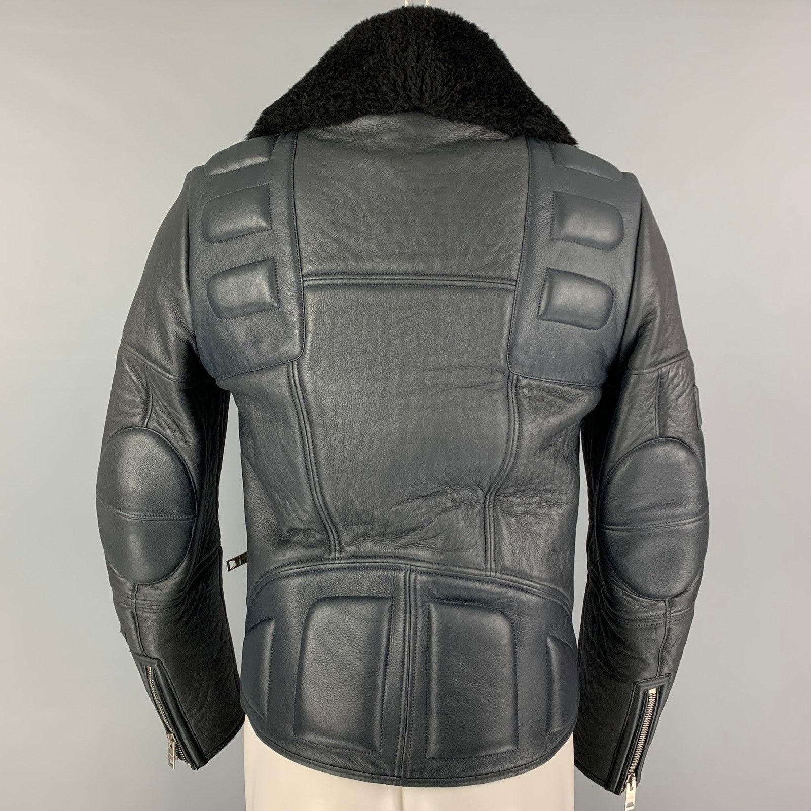 Burberry Prorsum FW 2010 38 Blue Black Lamb Leather Shearling Biker Jacket Size US M / EU 48-50 / 2 - 5 Thumbnail