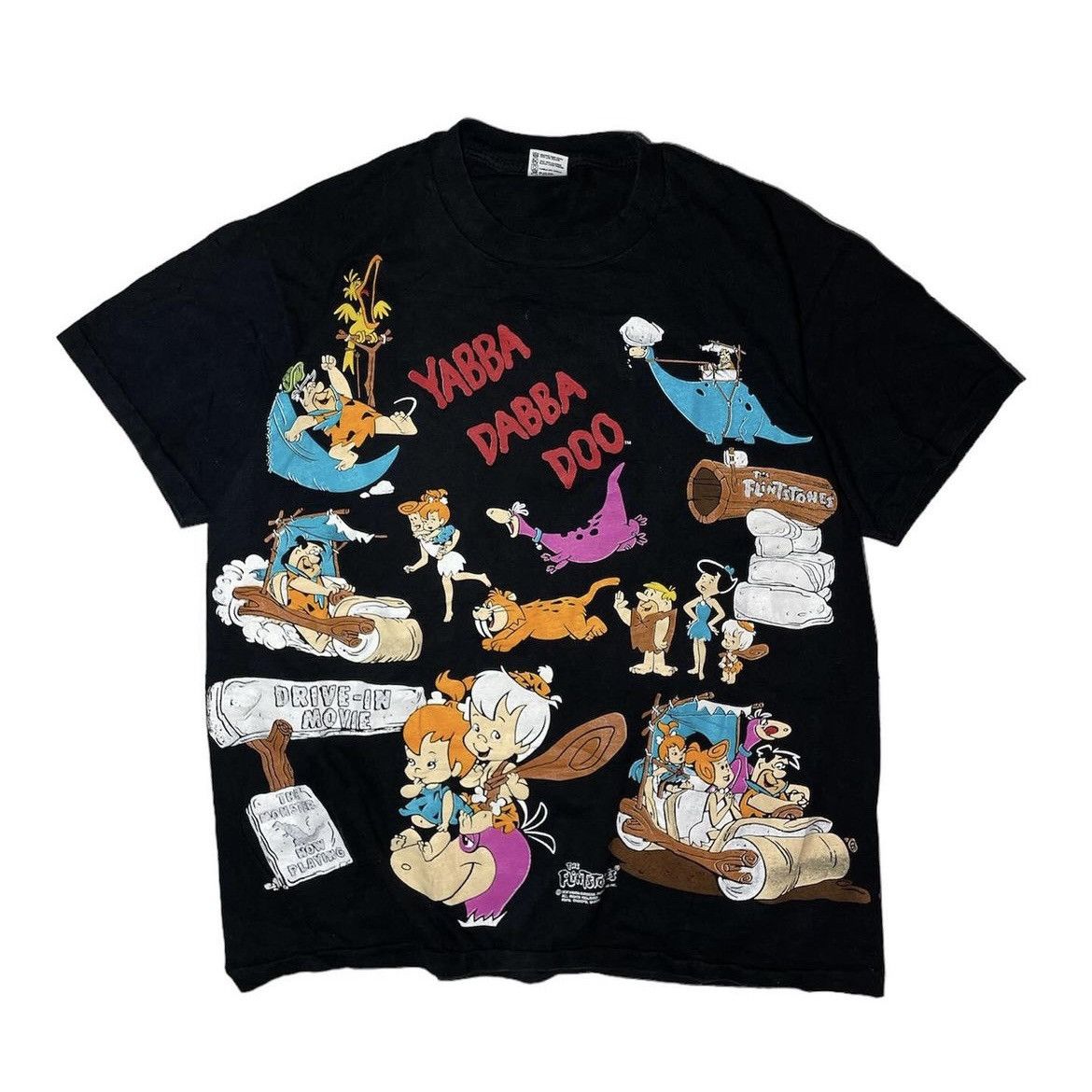 image of Cartoon Network x Tee Shirt The Flintstones Cartoon 1994 Aop Vintage Tee in Black, Men's (Size XL)