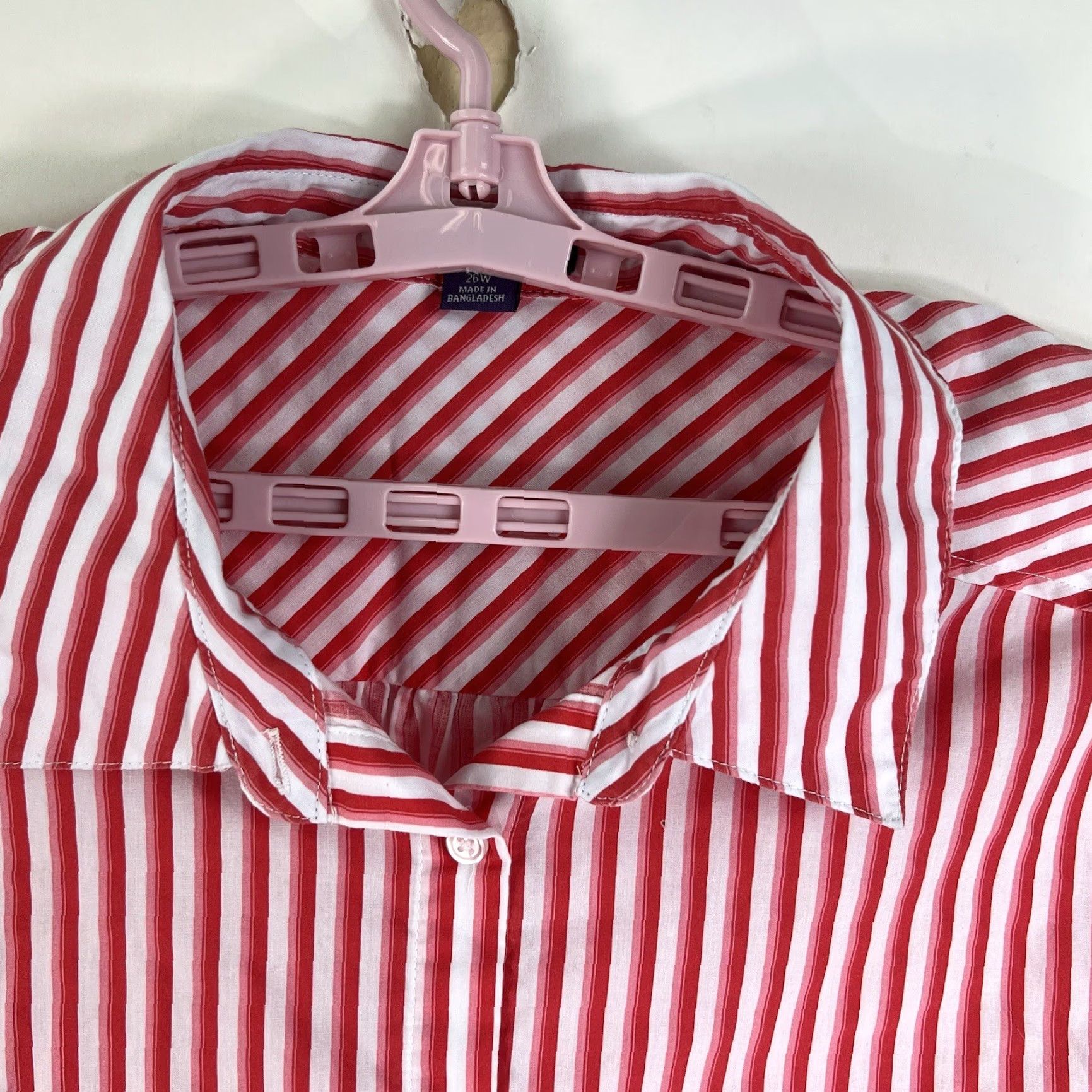 Vintage VINTAGE Roaman's Striped Button-Up Shirt Women's 26W Red Pink Short Sleeve Collared 100% Cotton Plus Size Womens Size 4XL / US 24-26 - 2 Thumbnail