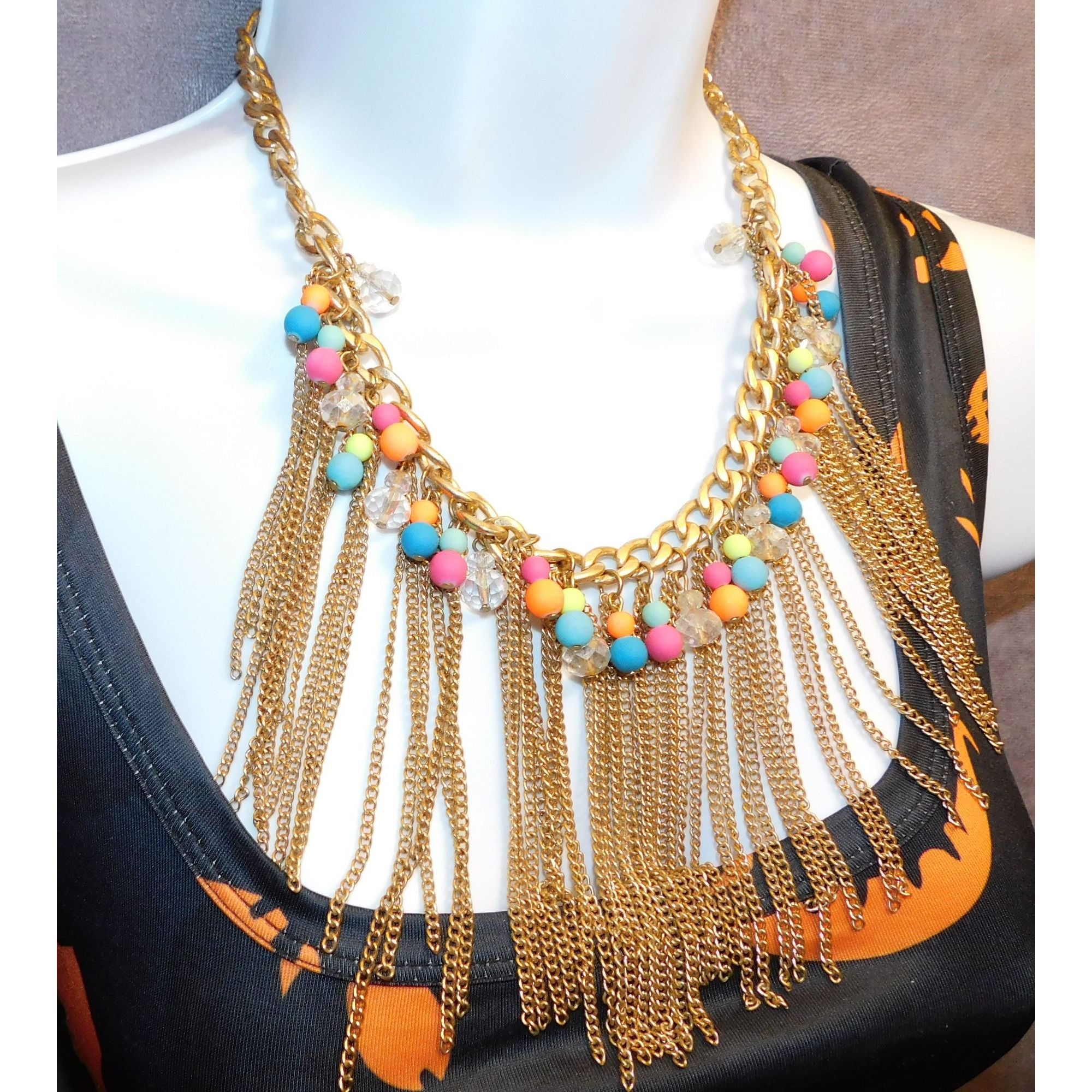 Other Neon 80s Beaded Gold Tone Chain Fringe Necklace Size ONE SIZE - 1 Thumbnail