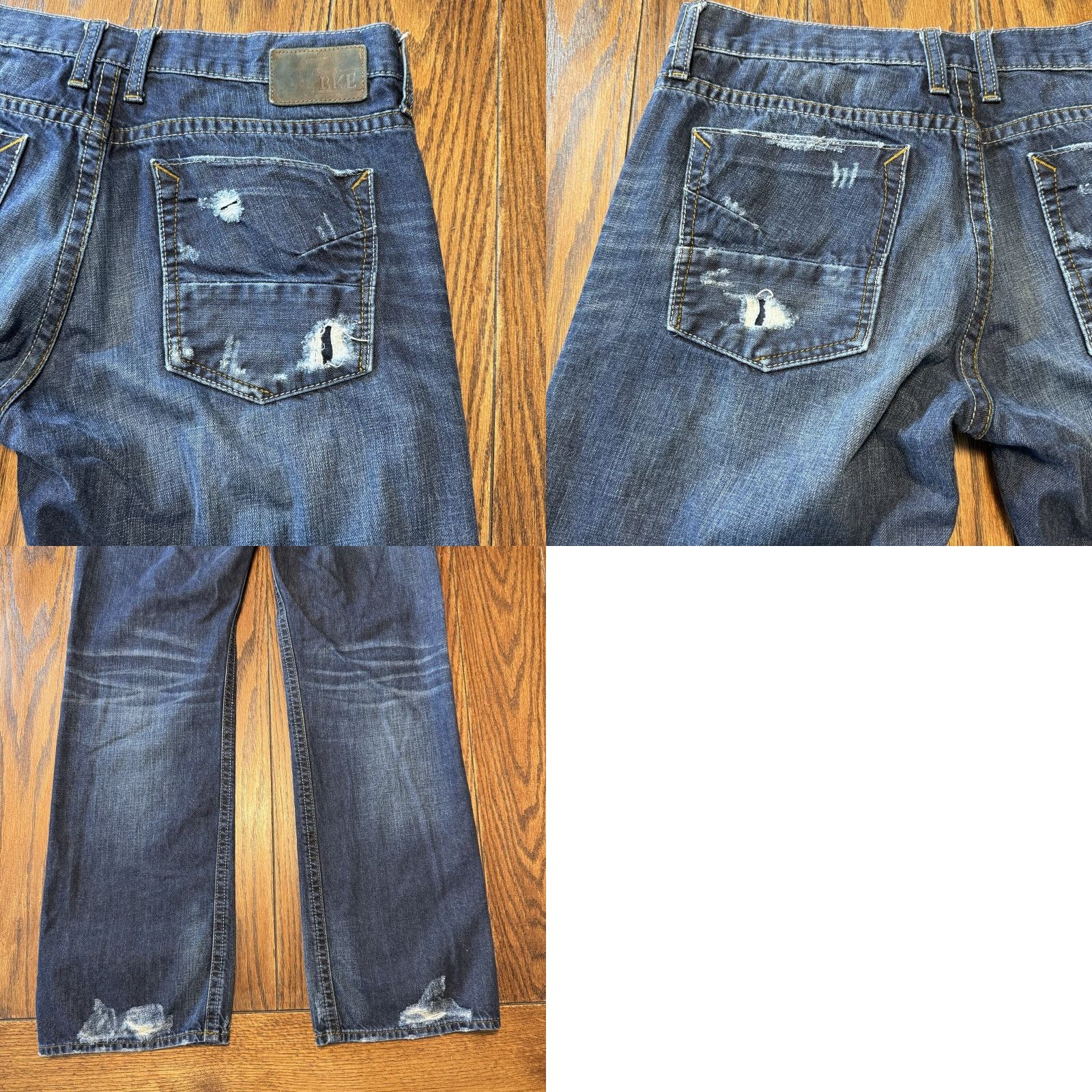 Vintage BKE Carter Jeans 35x33 Dark Wash Blue Denim Distressed Thick Stitch Straight Regular Mens Jeans Size US 28 / EU 44 - 9 Thumbnail