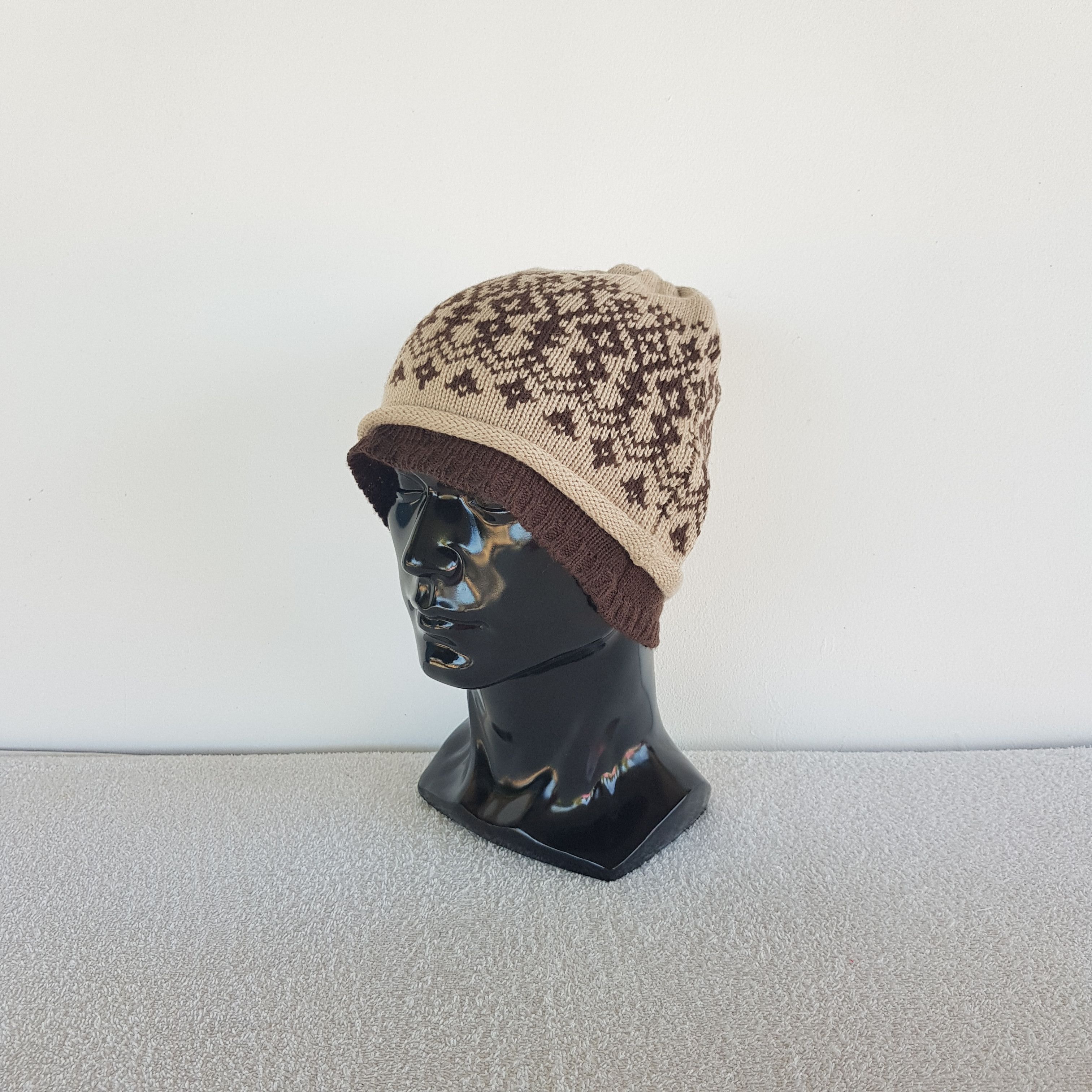 Vintage Japanese Beanie Fair Isle Ribbed Knit Snow Caps Hats