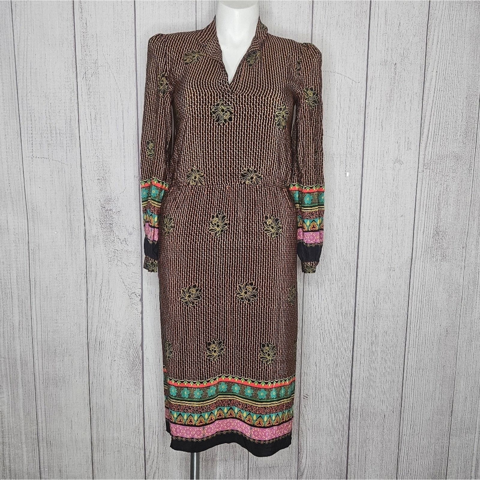 Vintage Vintage 80s Raul Blanco Silk Boho Long Sleeve Midi Dress Size L / US 10 / IT 46 - 1 Thumbnail