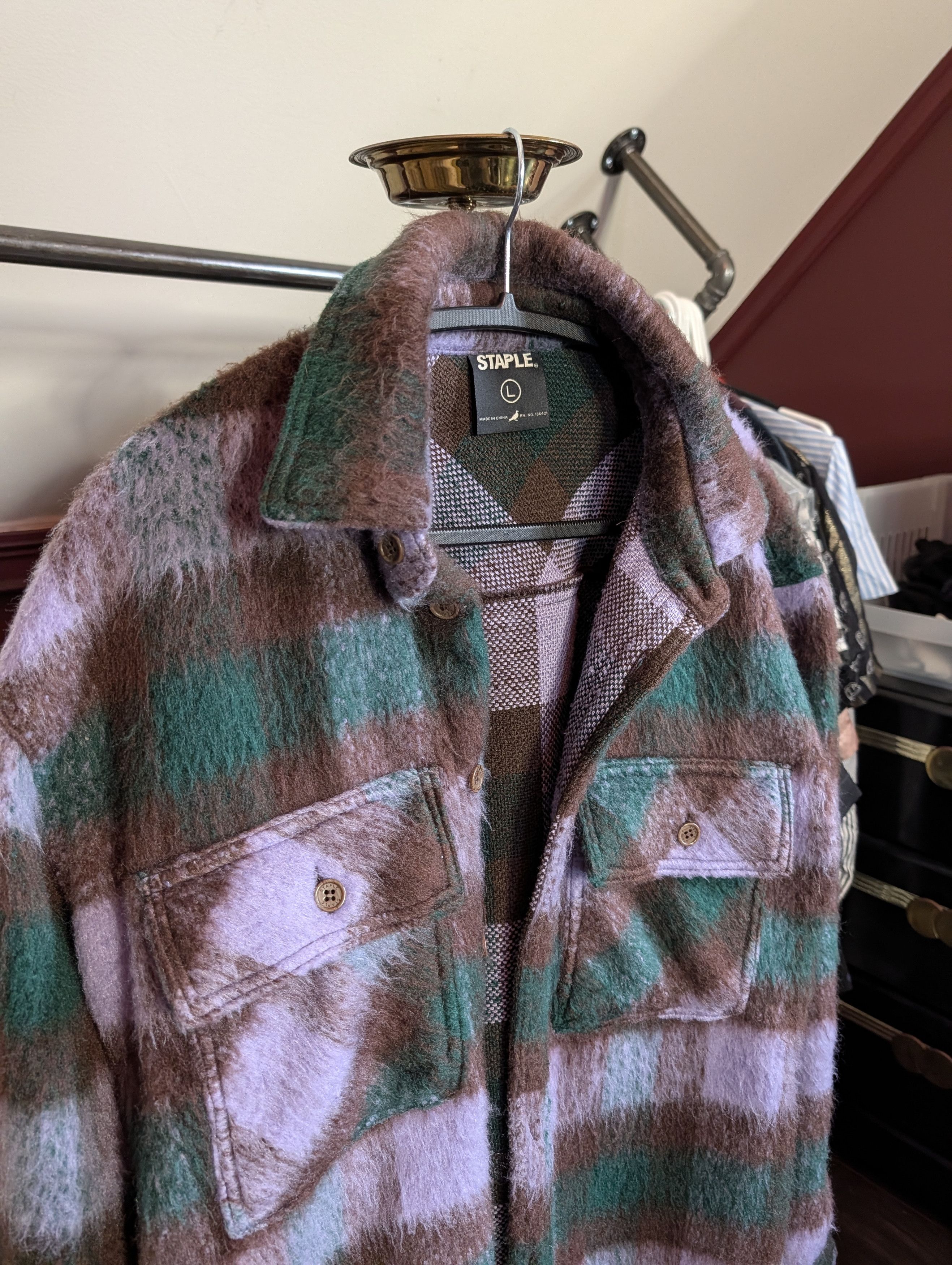 Staple Purple/Brown Plaid Fuzzy CPO Jacket sz L Size US L / EU 52-54 / 3 - 2 Thumbnail