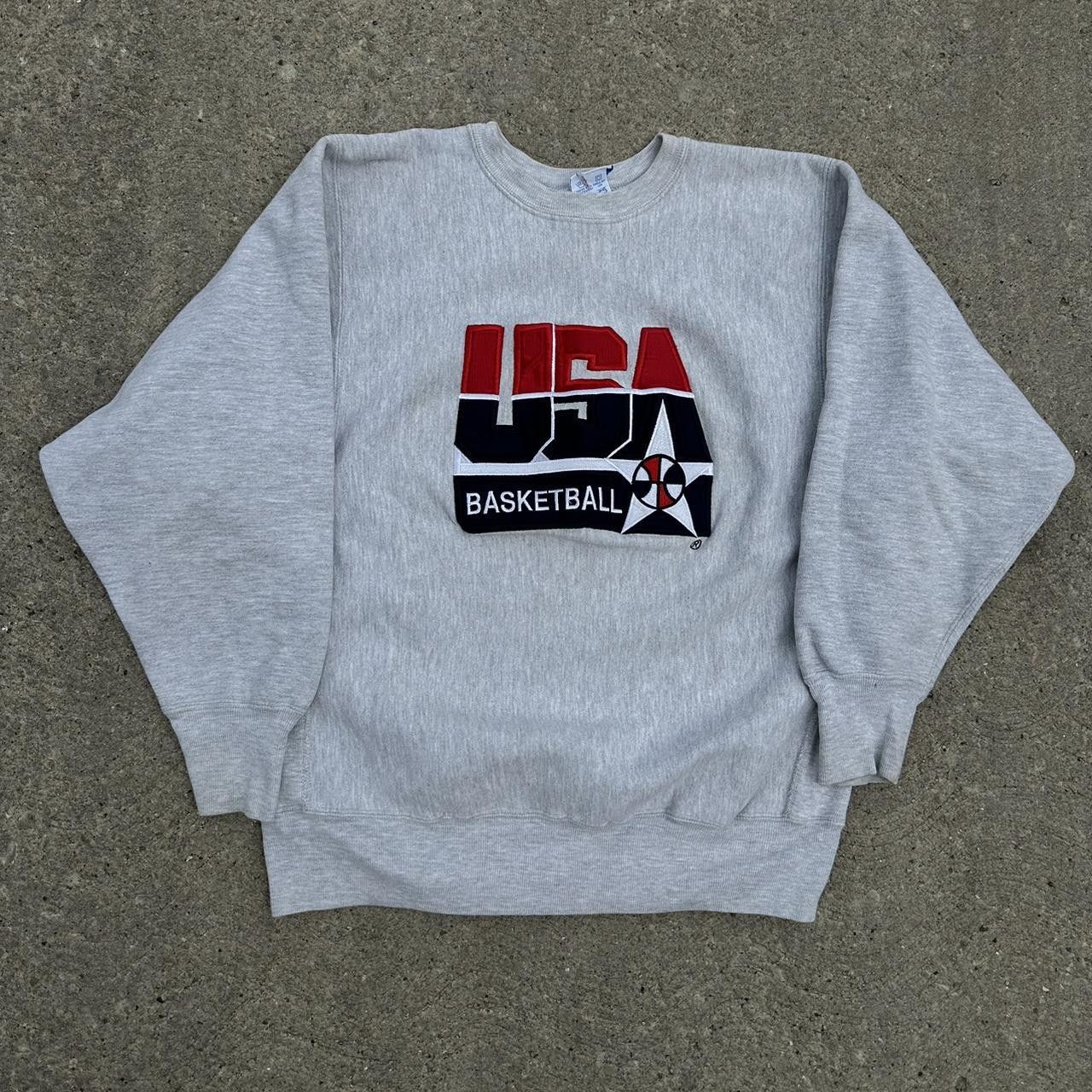 image of Champion Usa Basketball Reverse Weave Crewneck Sweater in Grey, Men's (Size XL)