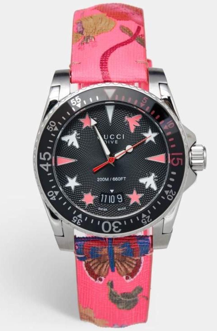 Gucci Dive 40Mm Watch Ya136326  Black Dial Leather Strap in Pink, Women's