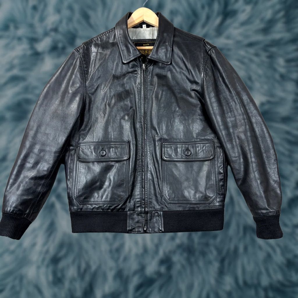 Vintage VINTAGE Kalahari Leather Bomber Jacket Mens M Black Zip USA Flag Lined Size US M / EU 48-50 / 2 - 1 Thumbnail