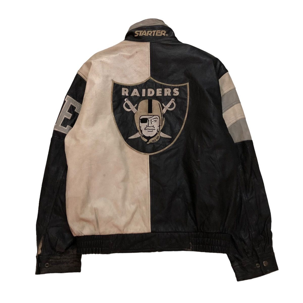 🔥VINTAGE LEATHER JACKET STARTER RAIDERS NFL BIG LOGO