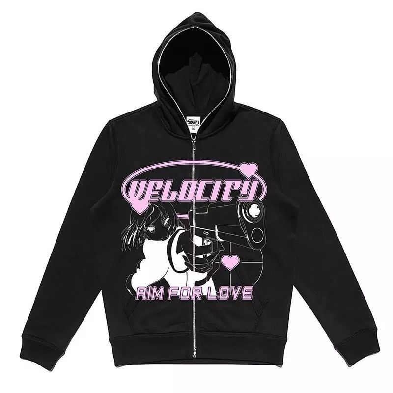 image of Vintage Flash Y2K Full Zip Graphic Hoodie in Black, Men's (Size Medium)