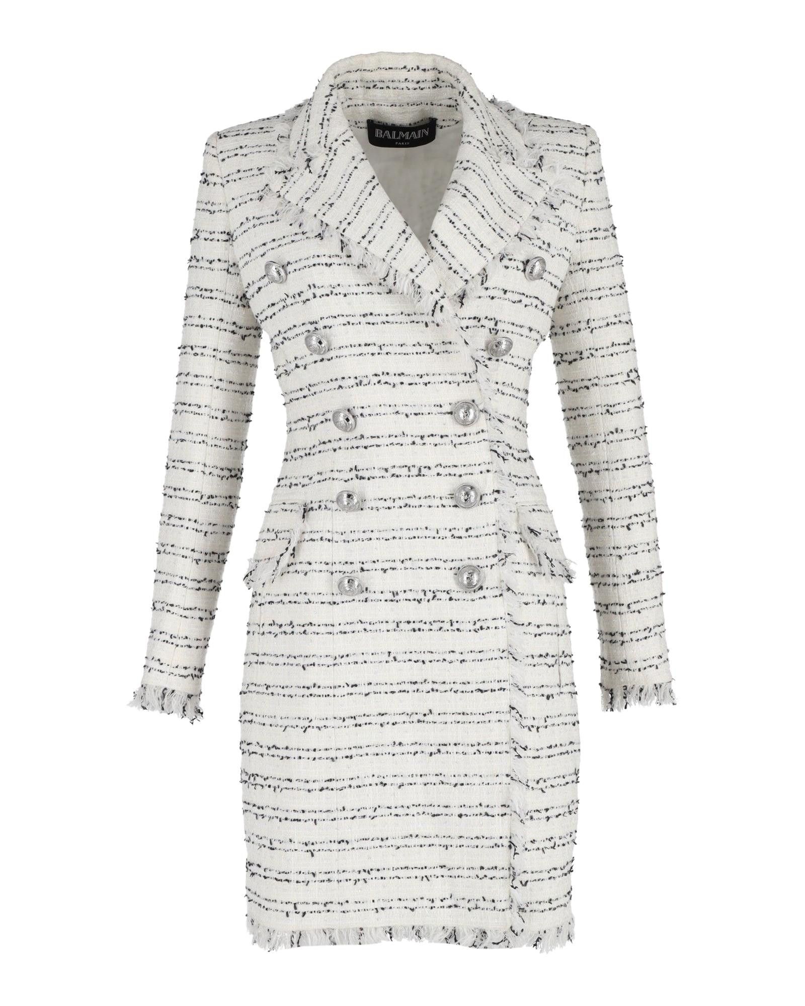 image of Striped Double-Breasted Coat In Cream Cotton By Balmain in White/Cream, Women's (Size Small)