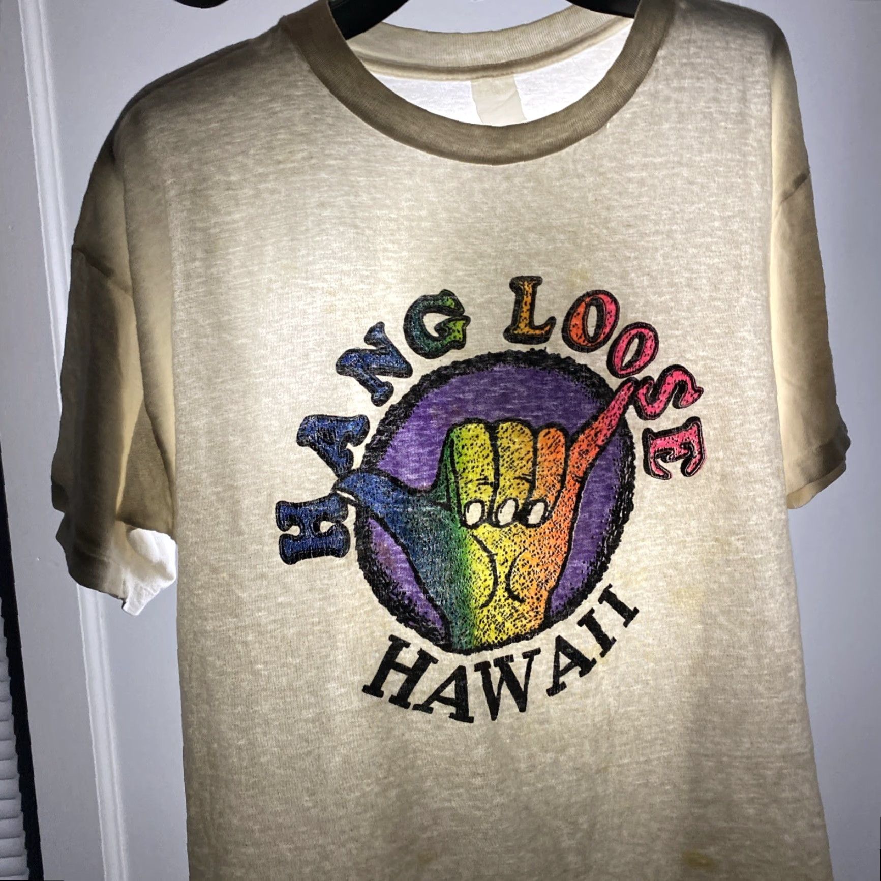 Vintage VINTAGE 80’s Hawaii Single Stitch T Shirt Hang Loose Grunge Distressed Flaw 23x26 White Unbranded Unisex Adults L Short Sleeve Mens Womens Boys Girls Size US L / EU 52-54 / 3 - 2 Thumbnail