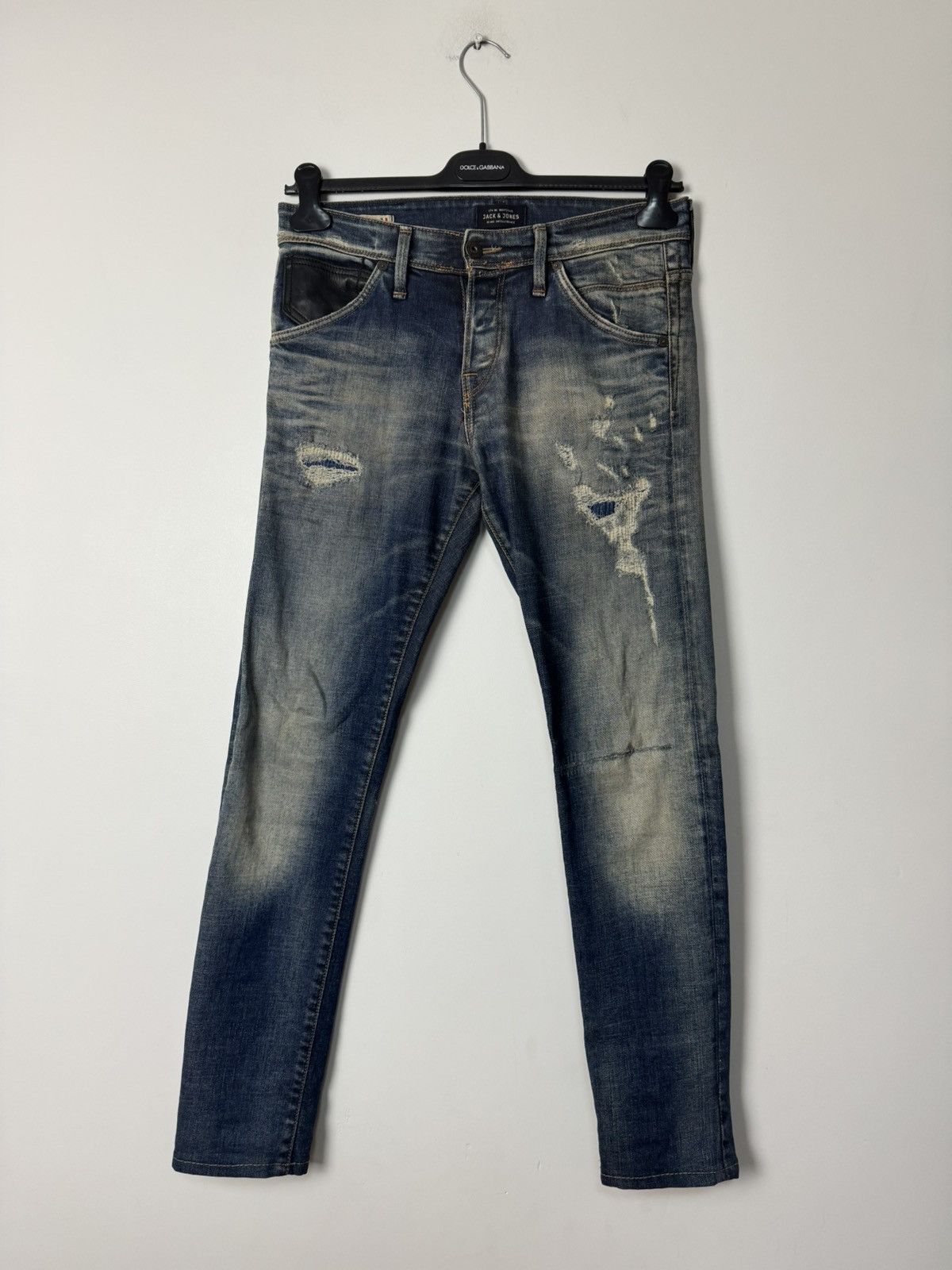 Japanese Brand Distressed Slim Fit Jeans Vintage Wash Denim Leather detail Size US 30 / EU 46 - 5 Thumbnail