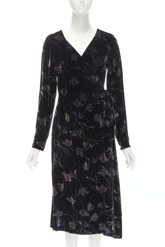 Diane von Furstenberg DIANE VON FUSTENBERG black floral print velvet wrap dress robe XS Size XS / US 0-2 / IT 36-38 - 1 Thumbnail