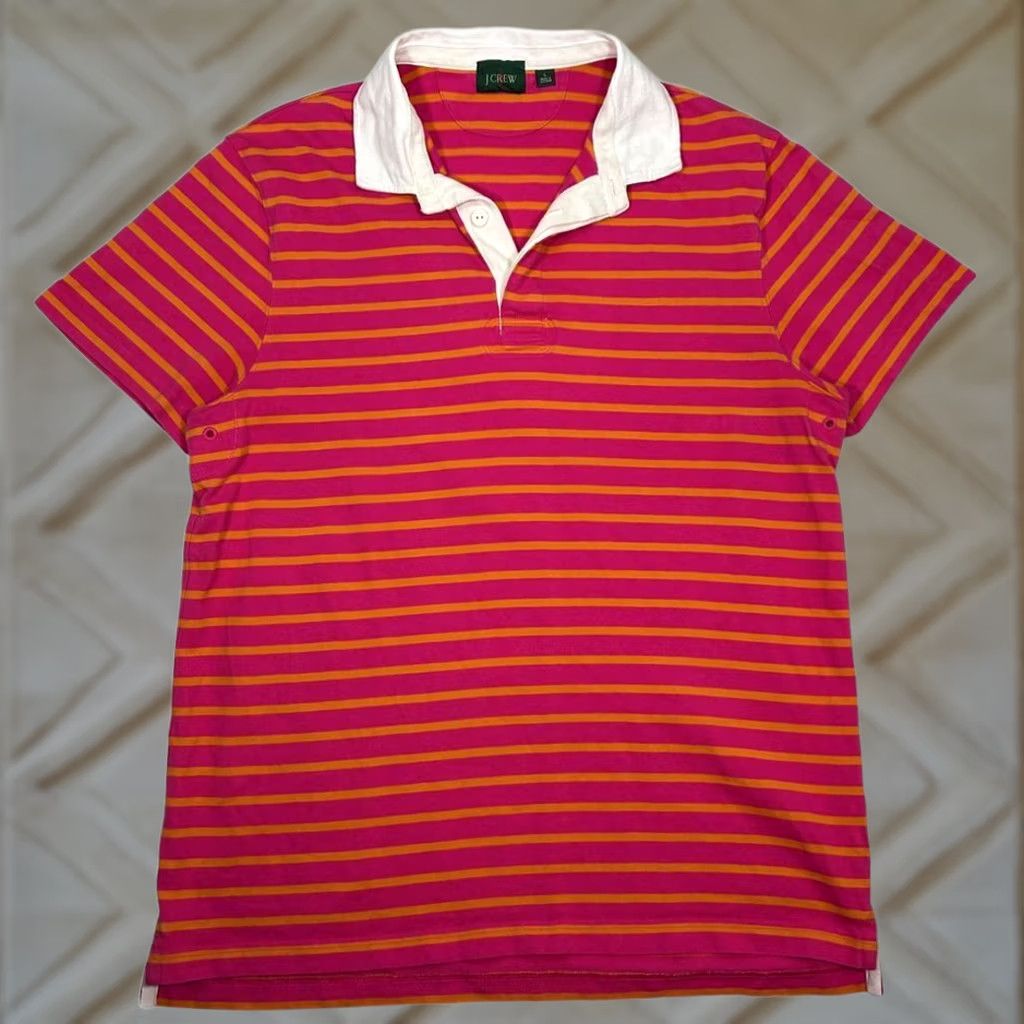 Vintage EUC J Crew Rugby Striped Pink Orange Polo Shirt Short Sleeve Mens Large Size US L / EU 52-54 / 3 - 1 Thumbnail
