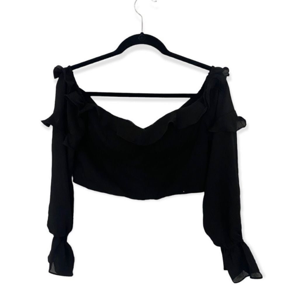 Other Tiger Mist Black Ruffle Long Sleeve Cropped Blouse Size L Of Size L / US 10 / IT 46 - 2 Thumbnail