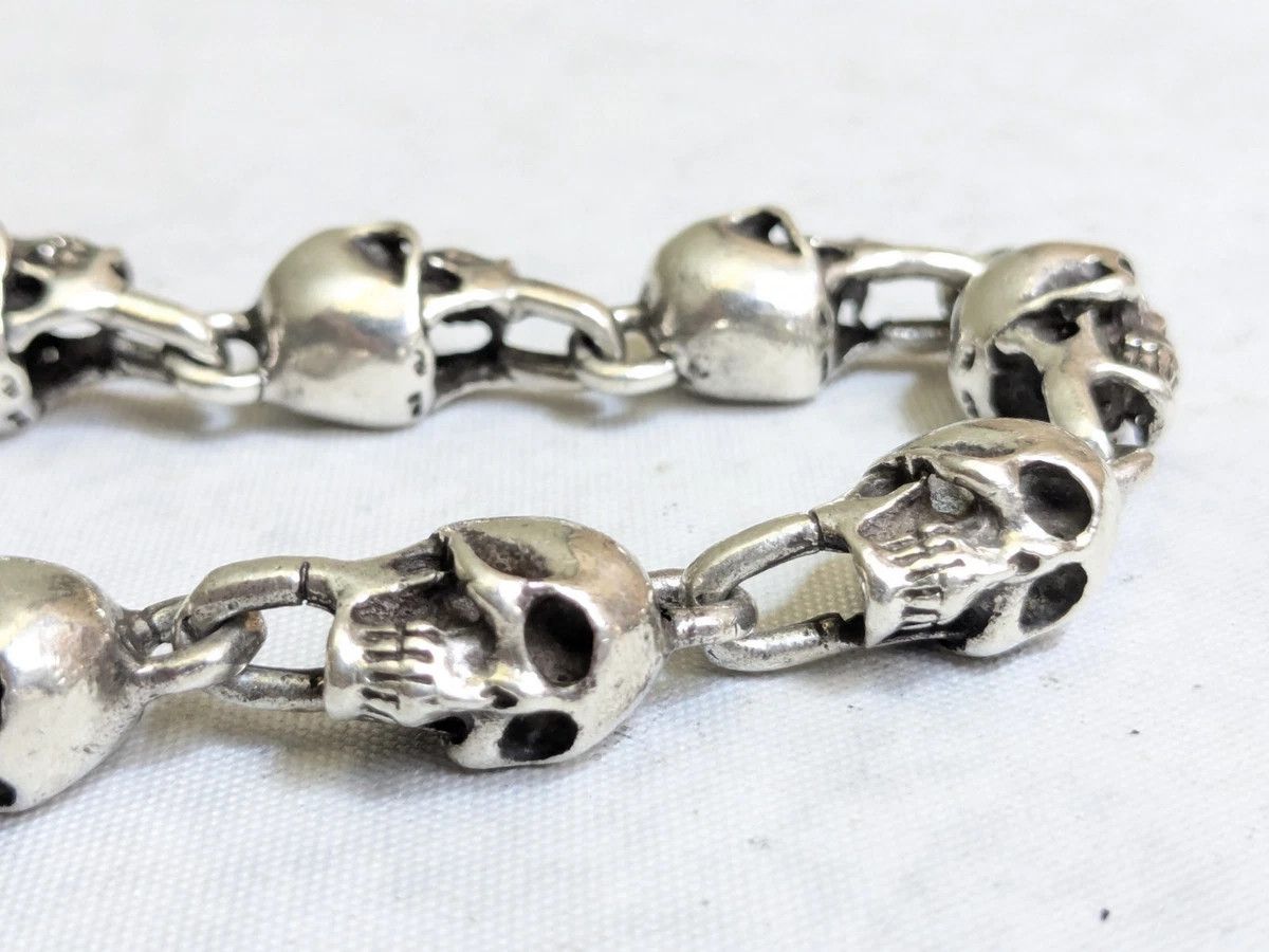 Jewelry Vintage Sterling Silver Skull Bracelet 7.5" Skeleton Mexico Size ONE SIZE - 7 Thumbnail