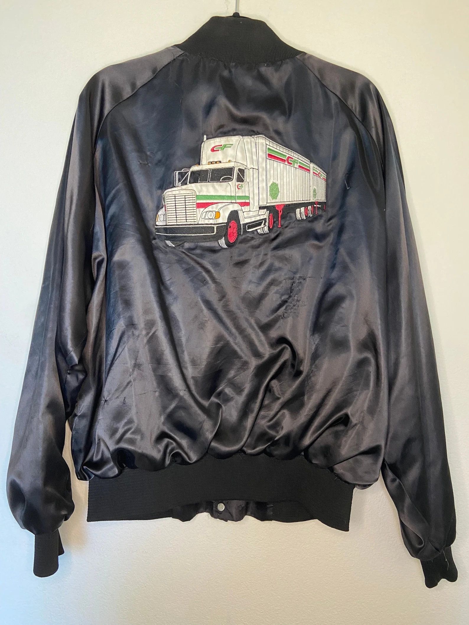 Vintage Silky Satin Embroidered CF Trucker Bomber Jacket