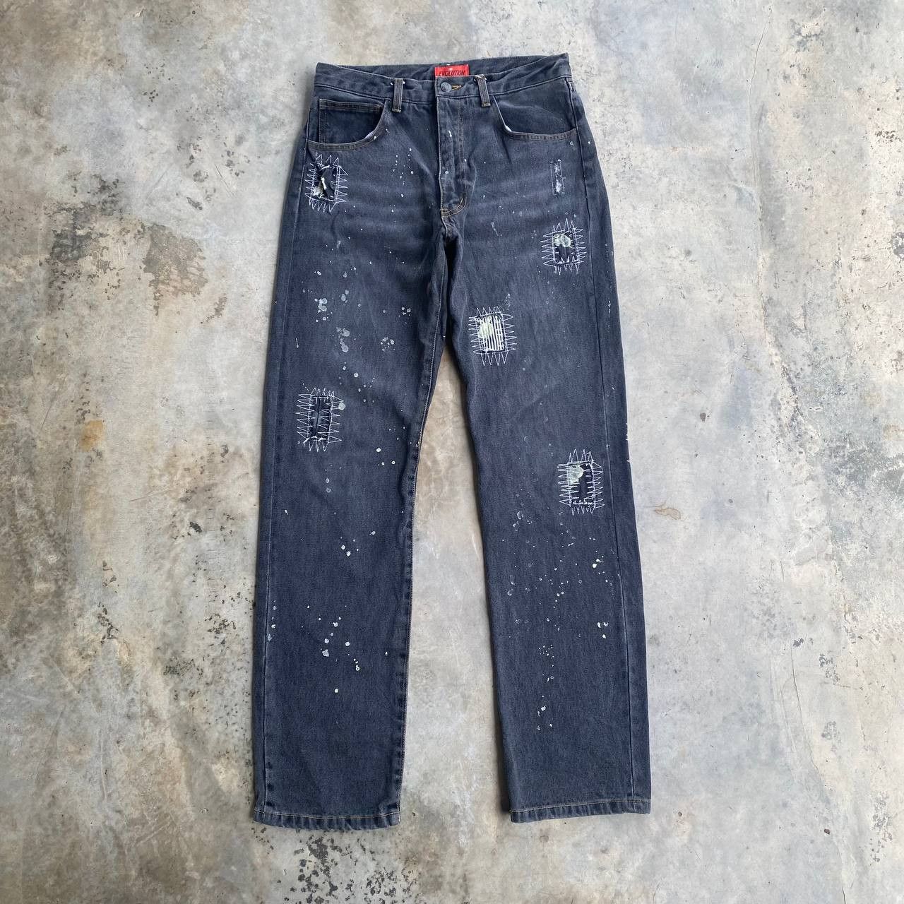Japanese Brand EVOLUTION JE PENSE DISTRESSED PAINTED SPIDERWEB FADED BLACK Size US 30 / EU 46 - 1 Thumbnail