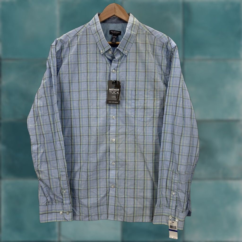 Van Heusen Van Heusen Shirt XL Blue Plaid Slim Long Sleeve Easy Care NWT Never Tuck Button-Up Mens Size US XL / EU 56 / 4 - 1 Thumbnail