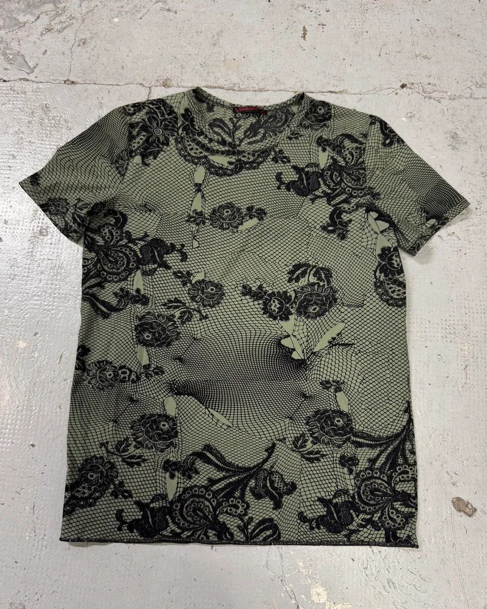 Designer × Roberto Cavalli × Vintage 2000s Roberto Cavalli Wire Roses Khaki T-Shirt Size US S / EU 44-46 / 1 - 1 Thumbnail