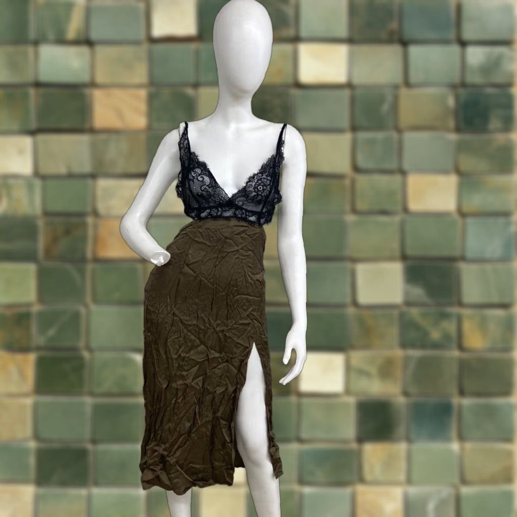 ANTHROPOLOGIE Lace-Top Satin Chemise Dress Women Moss Green Satin Chemise  Dress Size 12 Women's Lace-