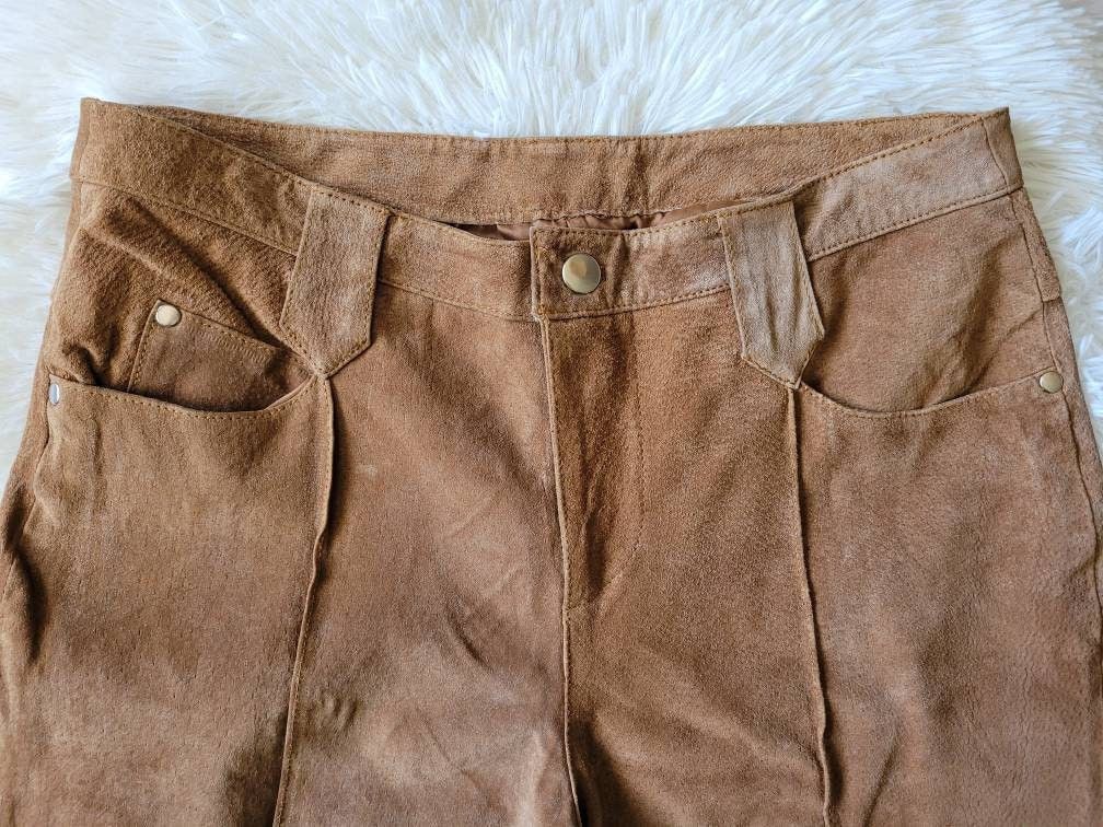 Vintage 90s Y2K Tan Suede Leather Patchwork Midrise Bootcut Pants Size 31" - 10 Preview