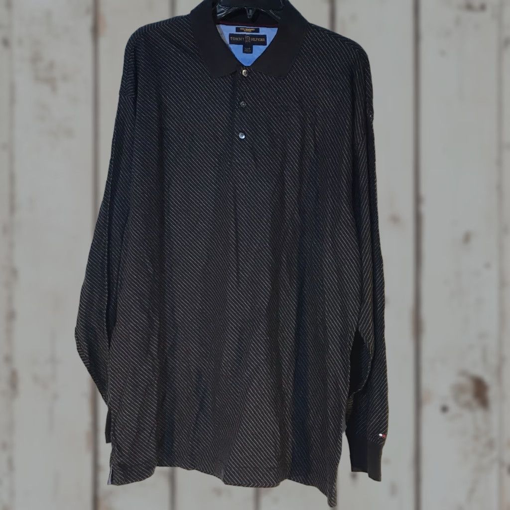 Tommy Hilfiger VINTAGE Tommy Hilfiger Golf Polo Shirt Men XL Black Gray Stripes Long Sleeve 100% Cotton Size US XL / EU 56 / 4 - 1 Thumbnail