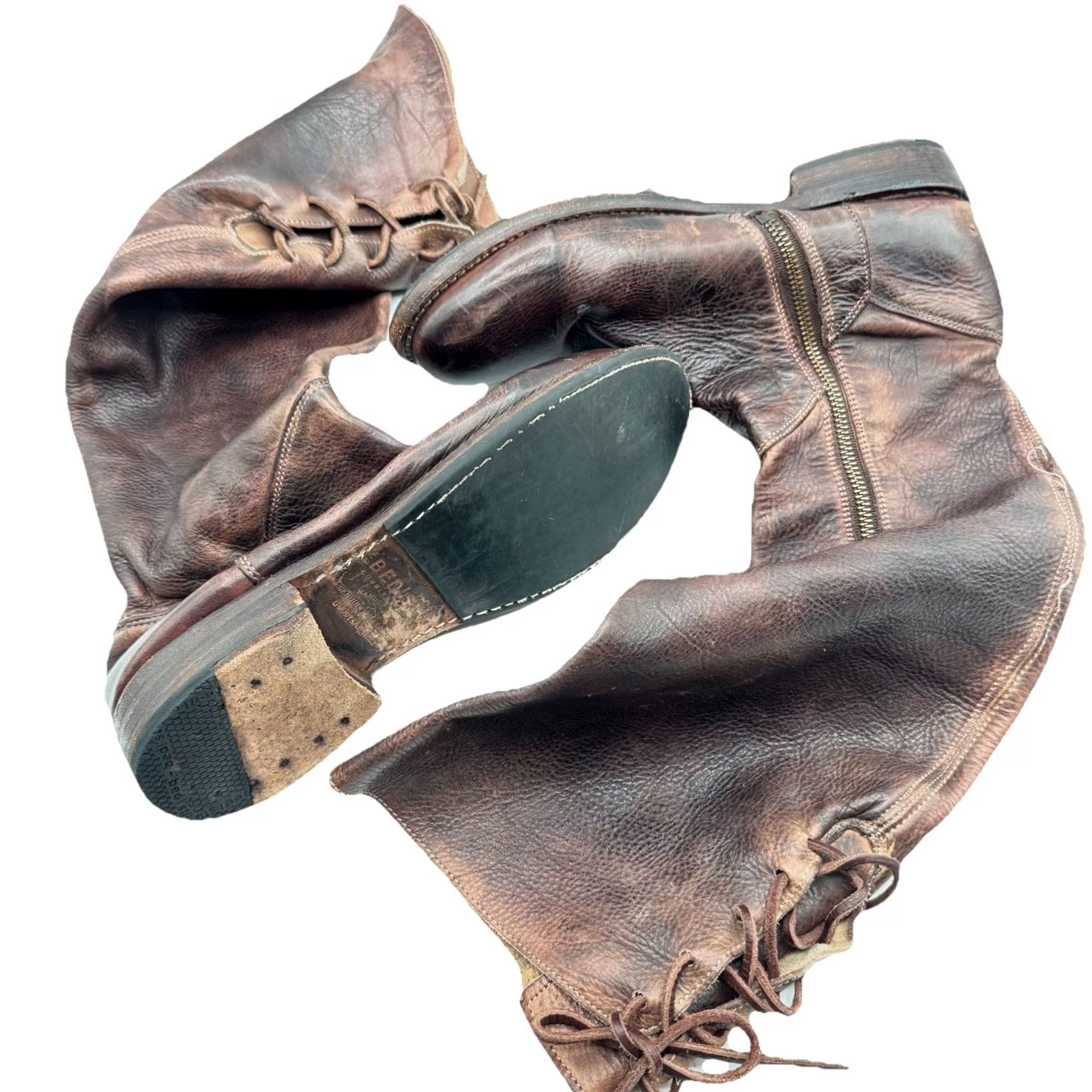 Bed Stu Bed Stu Manchester Boots 9.5 Leather Knee High Riding Boot Brown Black Distressed Zip Leather Shaft Regular Calf Women Block Heel Vintage No N/A Size US 10 / IT 40 - 3 Thumbnail